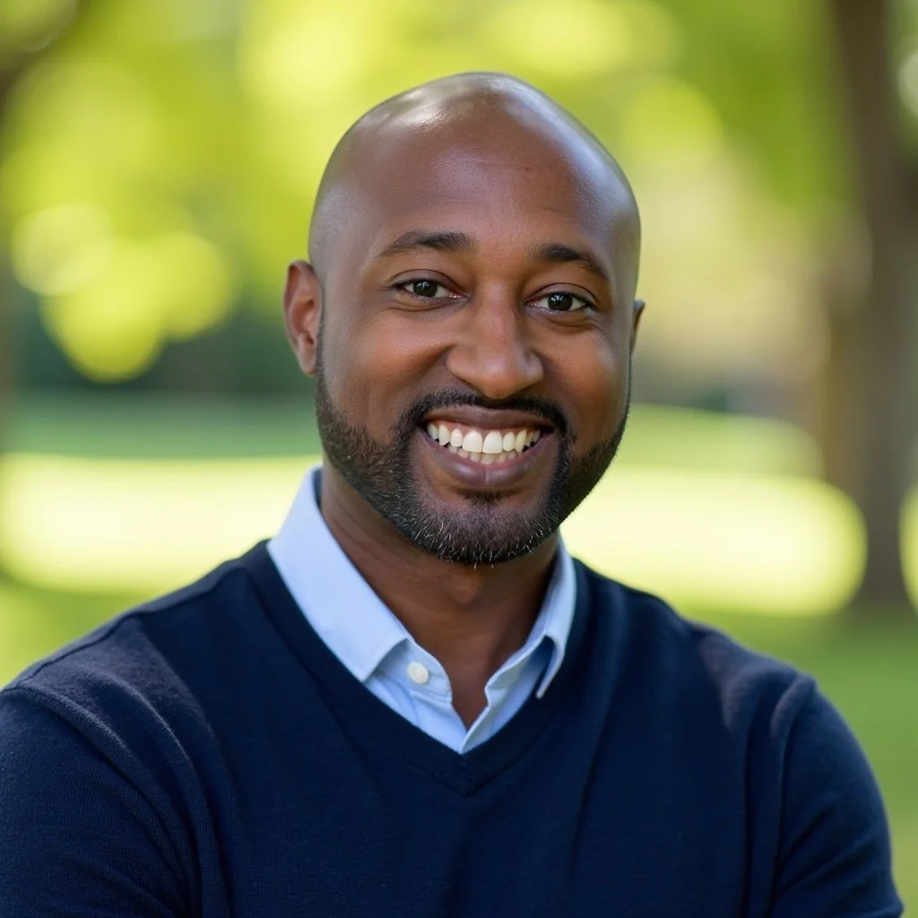 Smiling man with a bald head, beard, and mustache, wearing a navy blue sweater over a light blue collared shirt, outdoors with blurred green trees in the background.