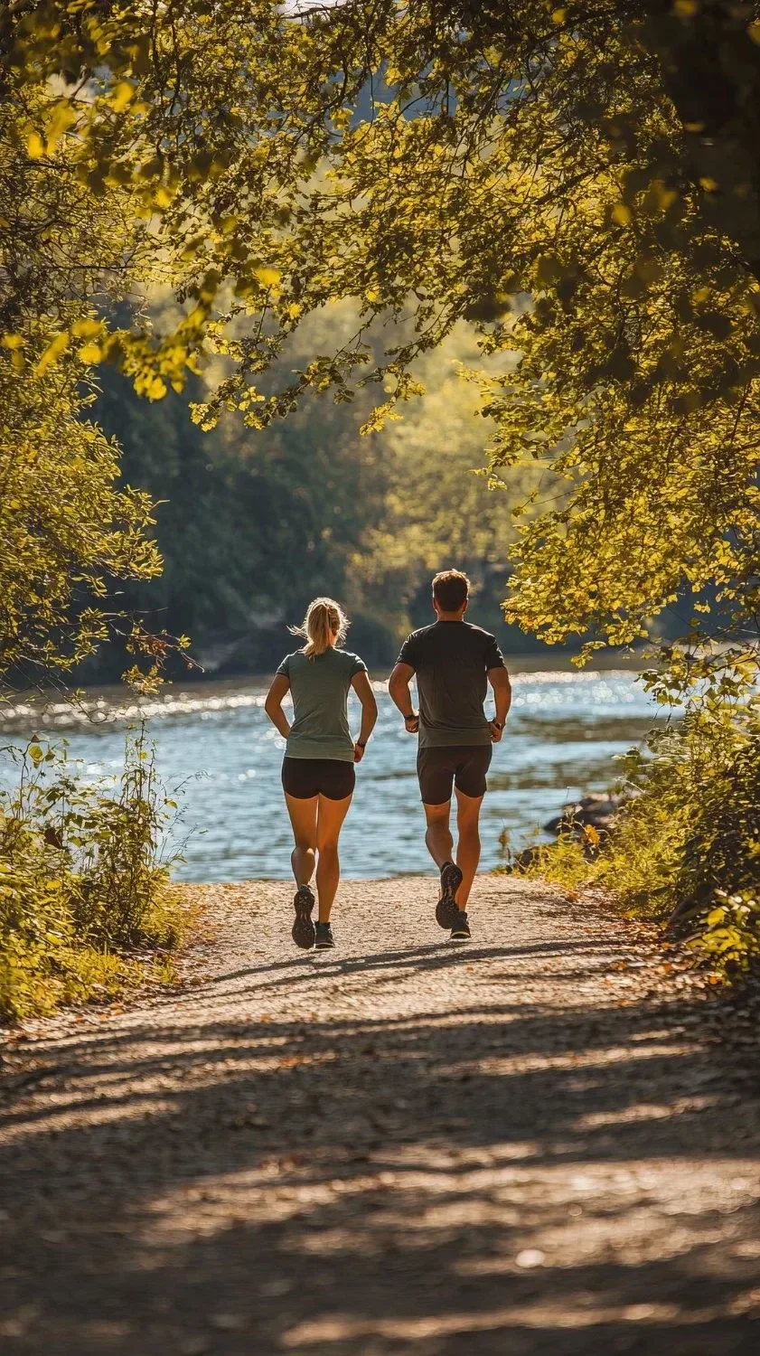A couple jogs on a shaded, tree-lined path alongside a sunlit river.