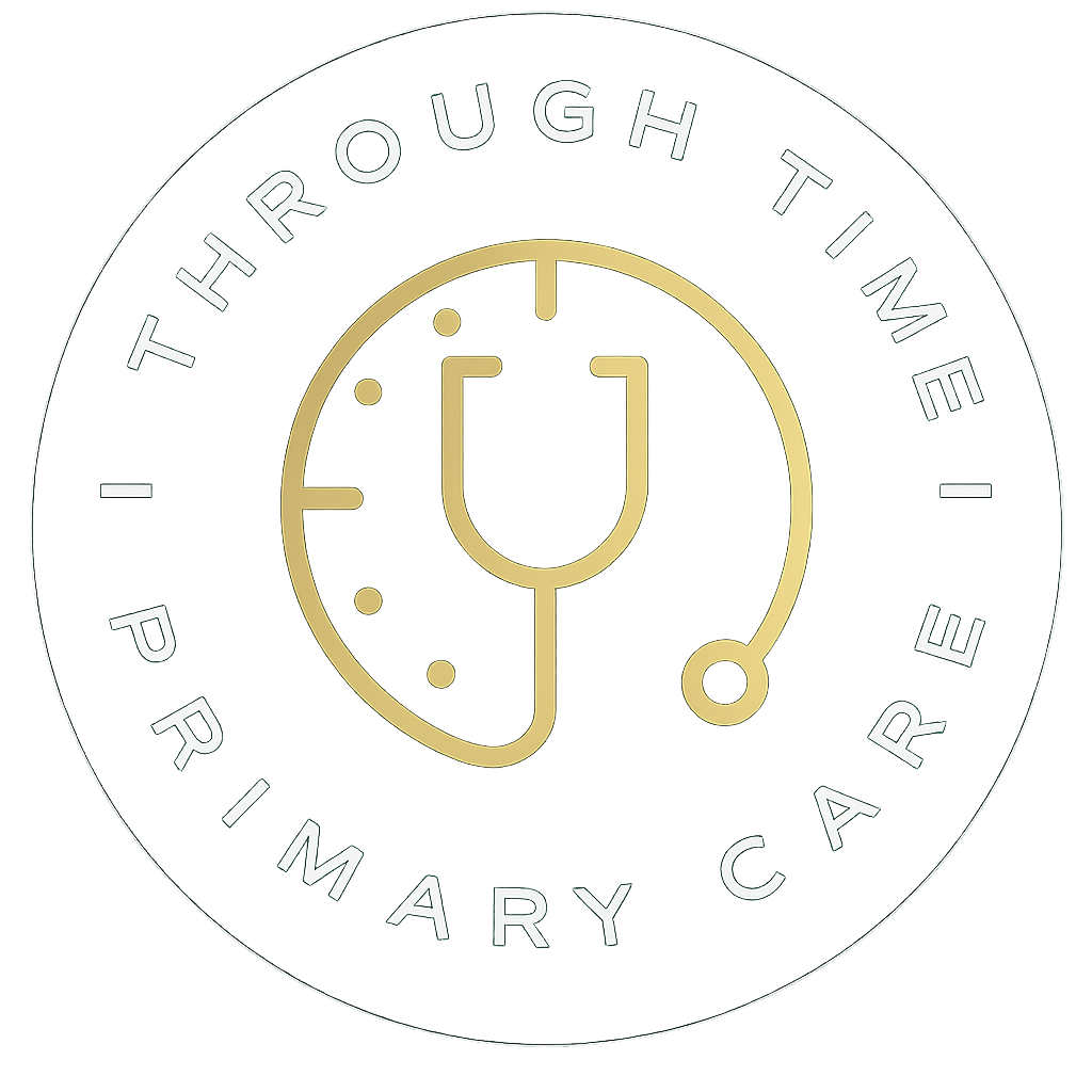 A circular logo with a stethoscope in the center, surrounded by the text 'THROUGH TIME' at the top and 'PRIME MEDICAL CARE' at the bottom.
