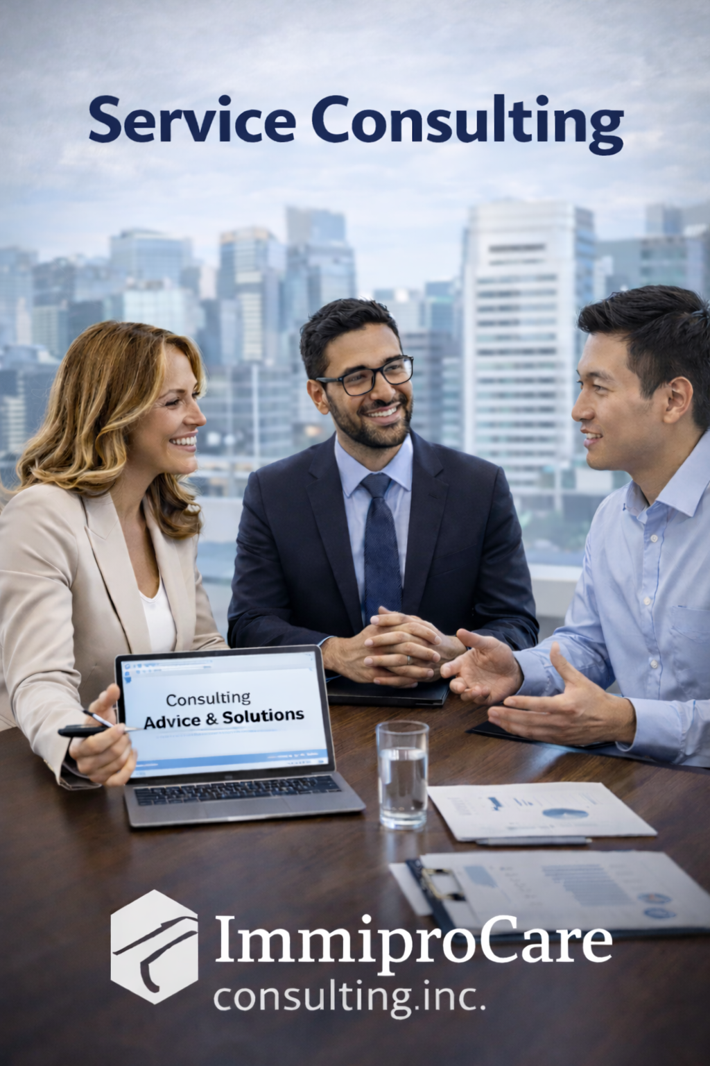 Three business professionals sitting at a conference table during a meeting, with city skyscrapers in the background. One person is holding a laptop displaying 'Consulting Advice & Solutions.' The image features the 'ImmiProCare consulting' logo at the bottom.