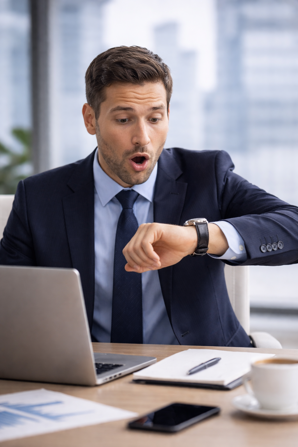 A young man in a business suit looks surprised as he checks the time on his wristwatch while sitting at a desk with a laptop, notepad, pen, smartphone, and coffee cup.