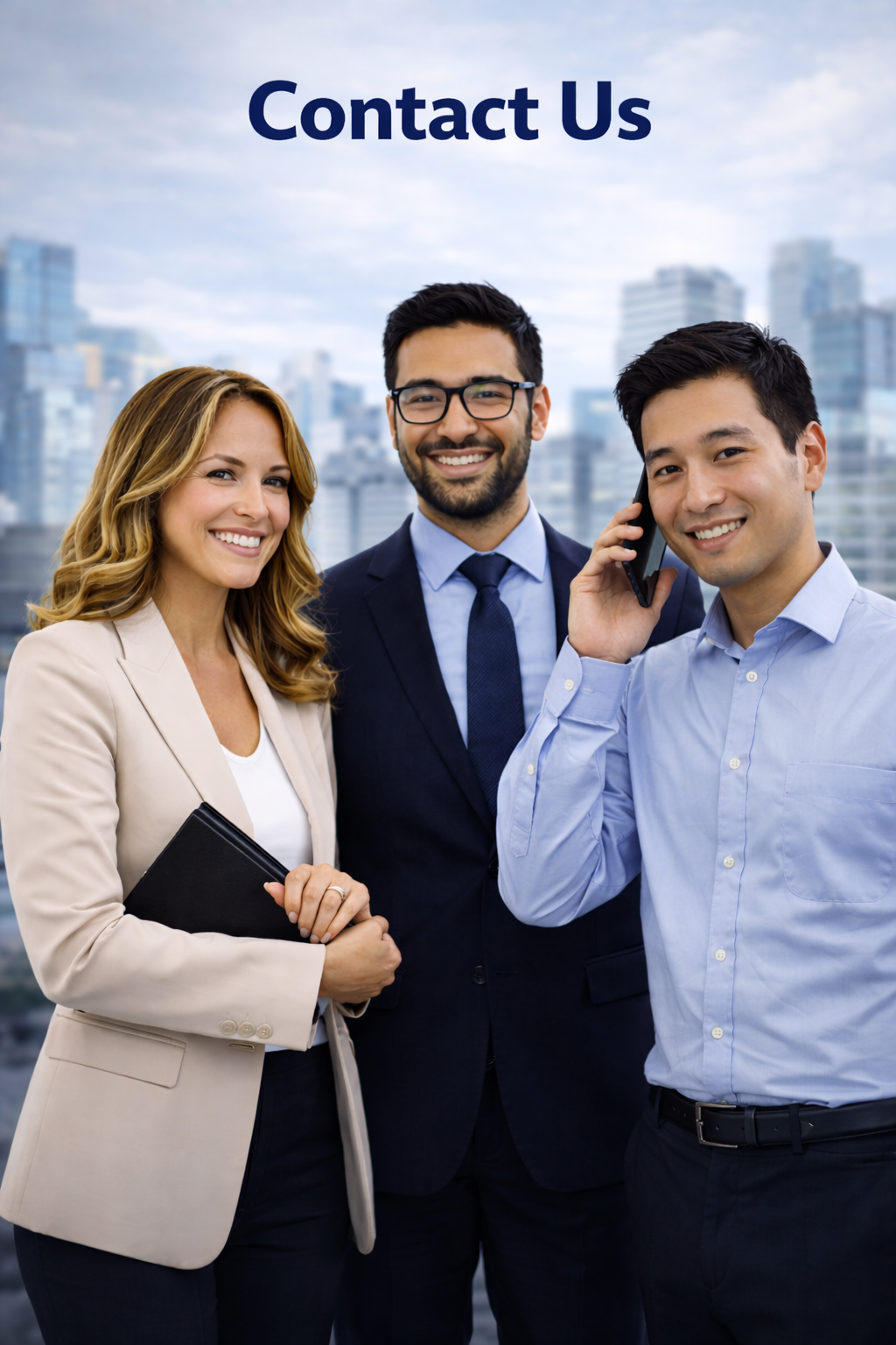 Group of three diverse professionals smiling, with two men and one woman, standing outdoors in a cityscape with modern buildings in the background, with a caption that says 'Contact Us'.
