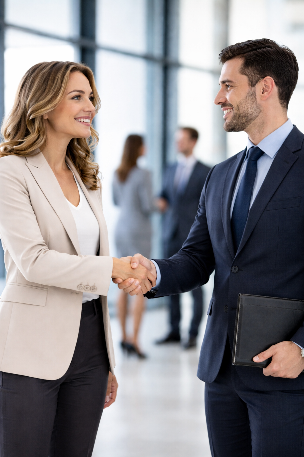 A woman and a man in business suits shake hands in an office building lobby, with other people in the background.