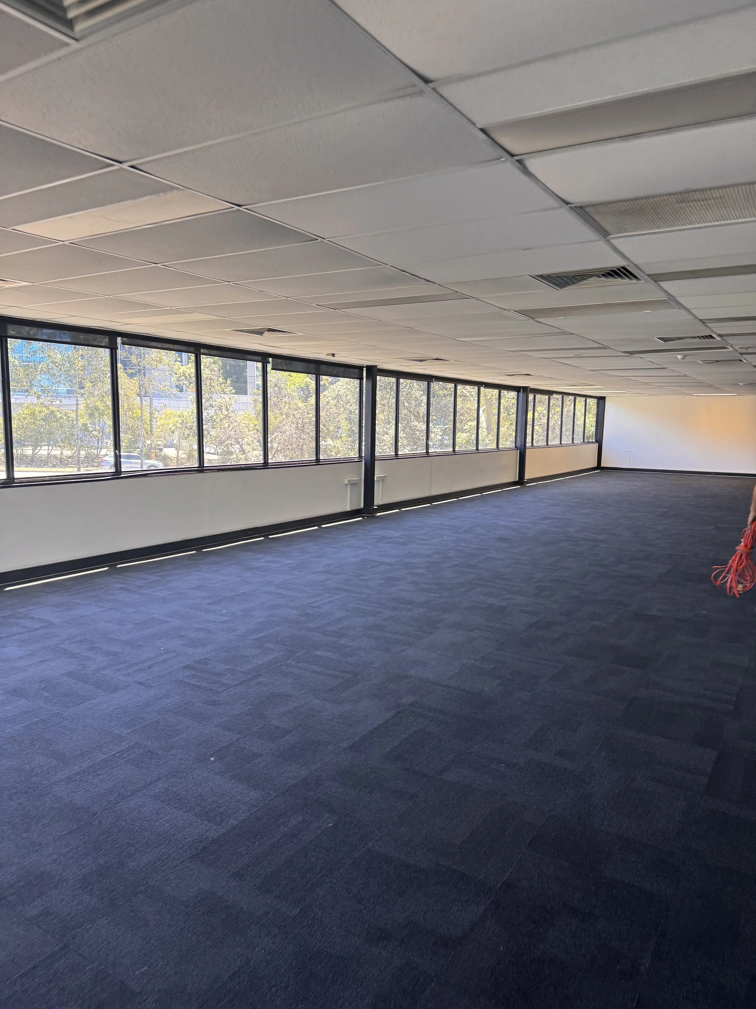 Empty office space with large windows, blue carpeted floor, white ceiling tiles, and some visible ceiling vents.