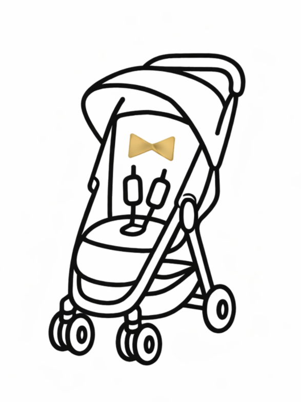 Stylized baby stroller with a bow tie on the seat and earphones hanging inside.