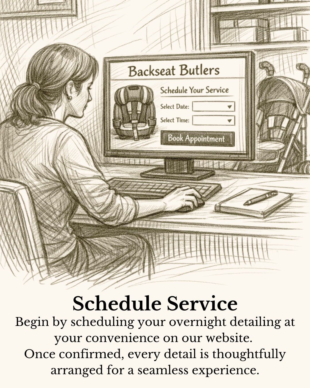 A woman sits at a desk using a computer to schedule a service at Backseat Butlers, with a sign displaying options to select a date and time for an appointment, and a book with a pen on the desk. The background shows a bookshelf and a stroller.