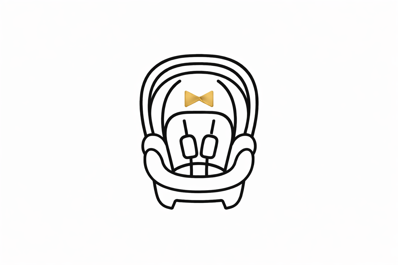 A line drawing of a child's car seat with a small gold bow tie attached at the top center.