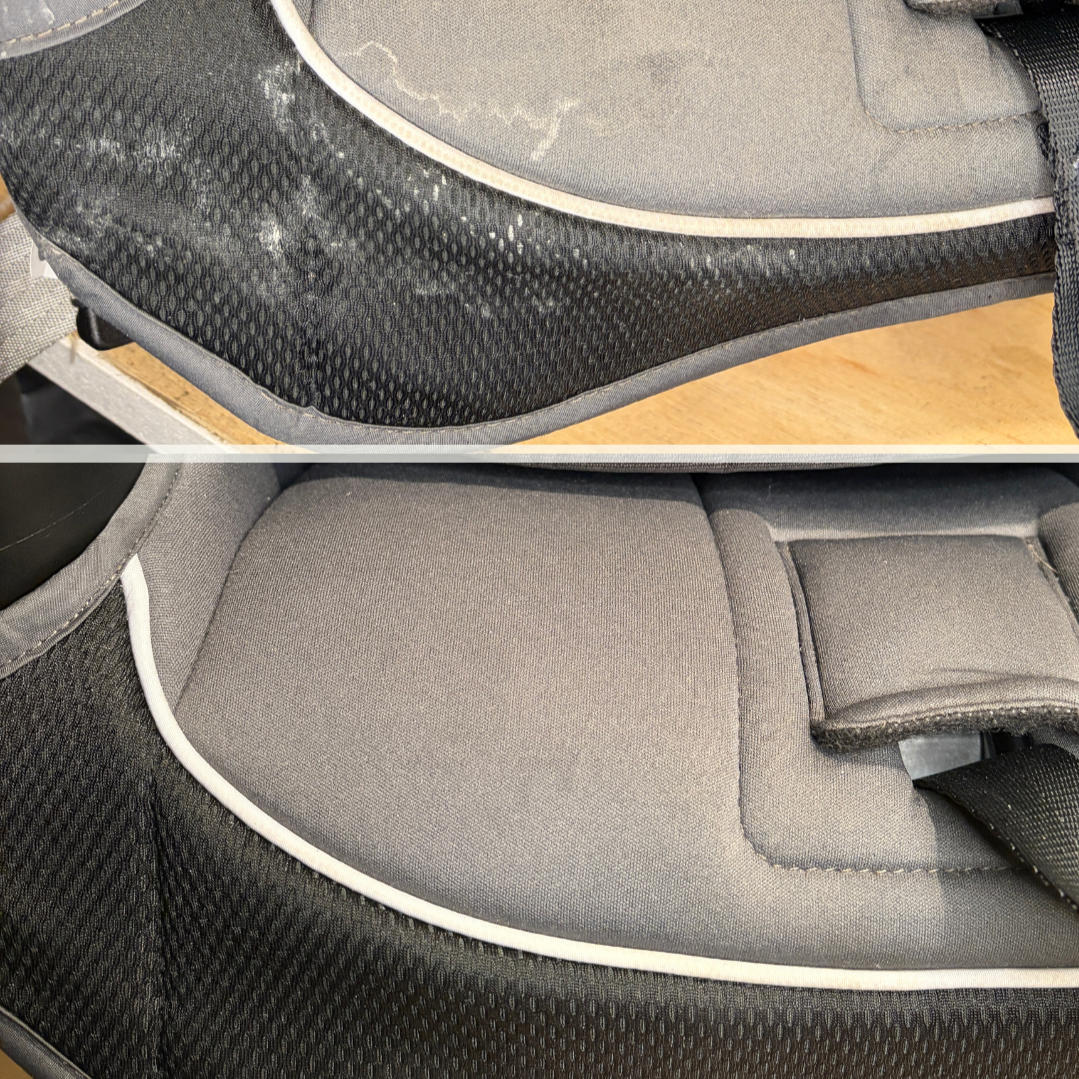Comparison of a car seat's fabric and padding before and after cleaning, showing a dirty and stained seat above and a clean seat below.
