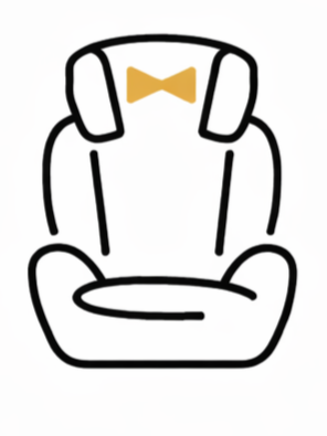 Line drawing of a high chair with headphones and a yellow bowtie.