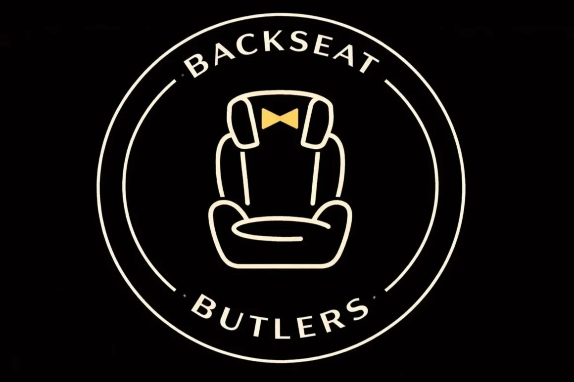 Logo for Backseat Butlers featuring a neon outline of a passenger car seat with a bow tie on the headrest, surrounded by the text 'Backseat Butlers'.