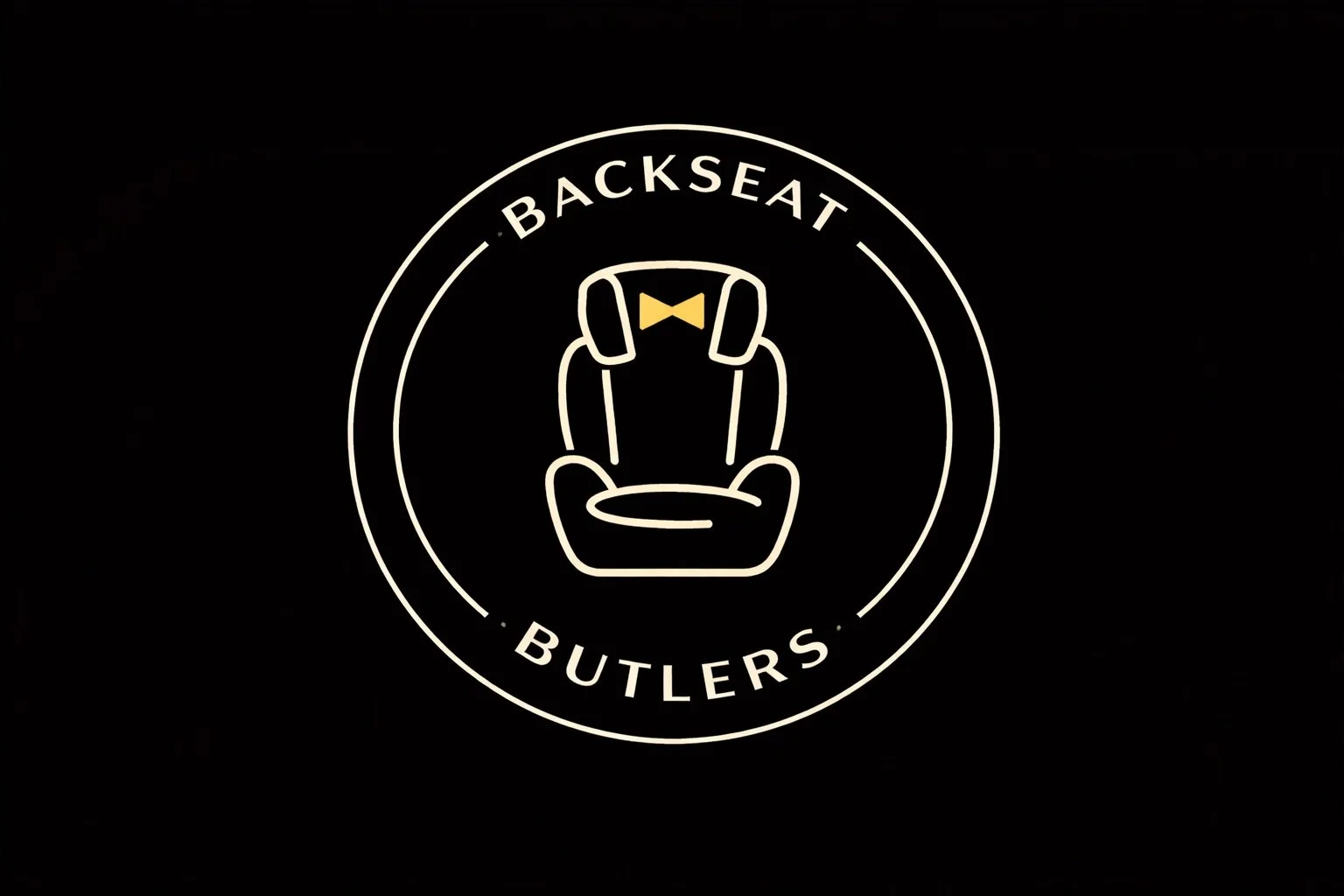 Neon logo for Backseat Butlers featuring a stylized outline of a car seat with a bow tie, surrounded by circular text.