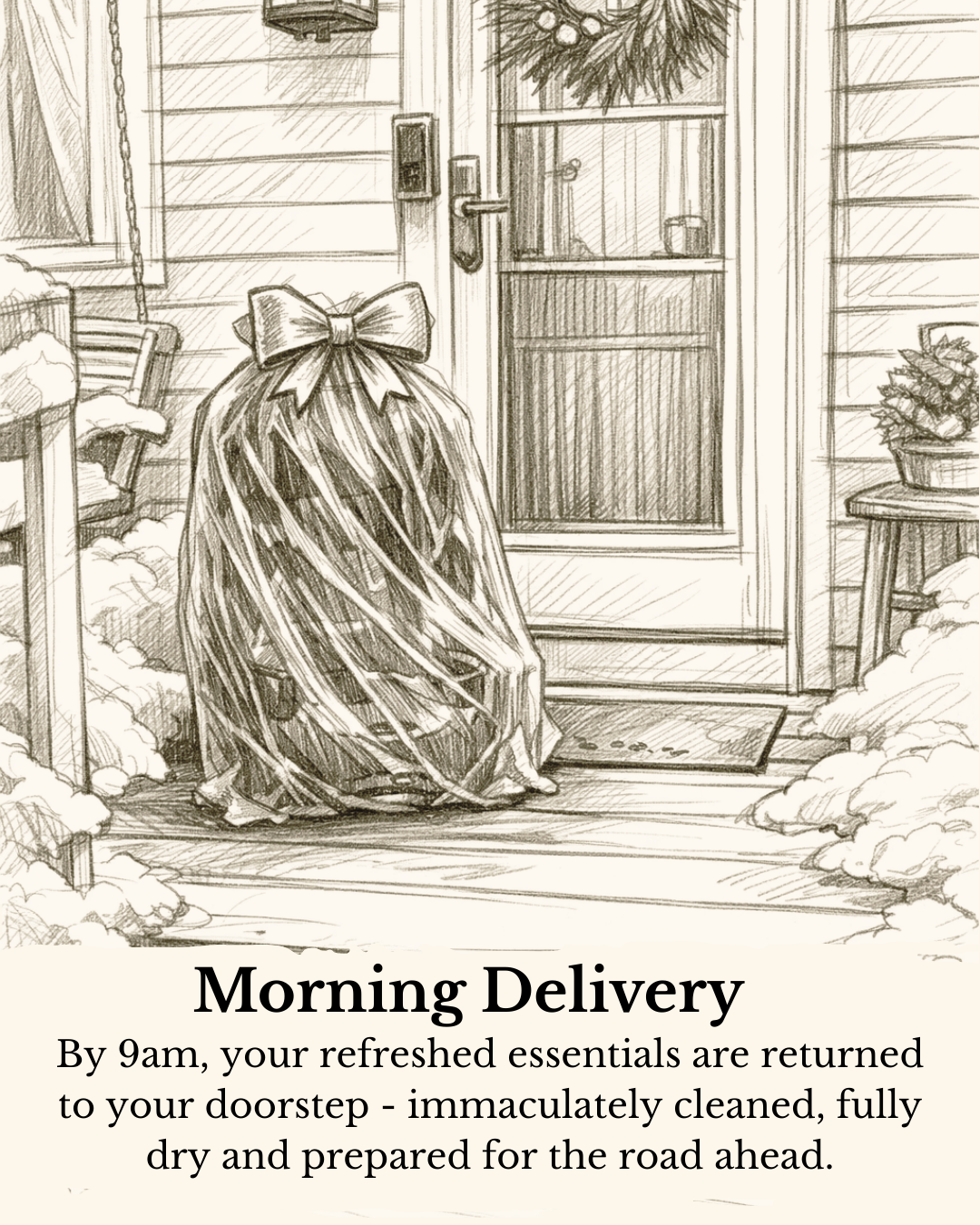 Sketch of a front door with a wreath, a bow on the doorknob, and snow on the porch. A small table with a potted plant is on the right. Snow is on the ground and on porch furniture.