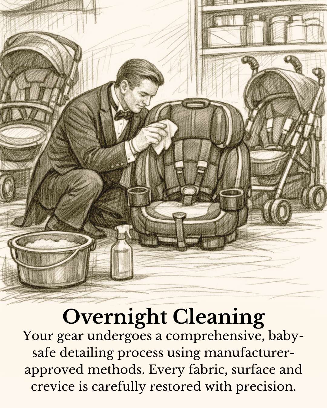 A man in a tuxedo kneeling down and cleaning a car seat with a cloth. There are baby strollers and shelves with bottles in the background, and cleaning supplies and a bucket in the foreground.