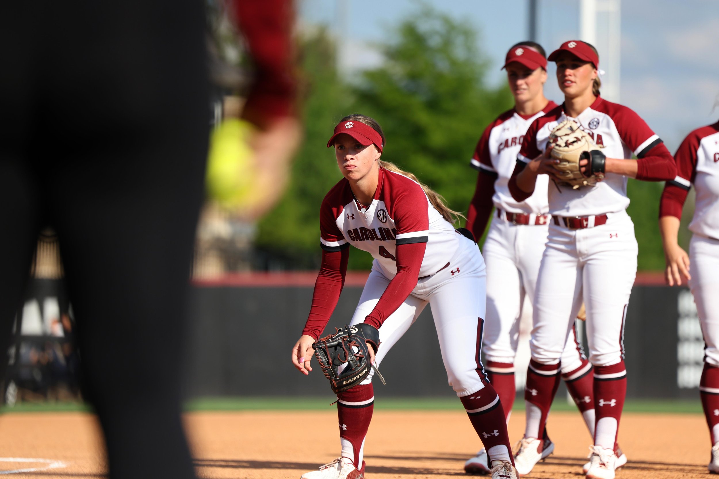 Senior infielder Brooke Blankenship prepares for a ground ball during pre-game warmups before South Carolina's softball game against Charleston Southern on April 9, 2025.