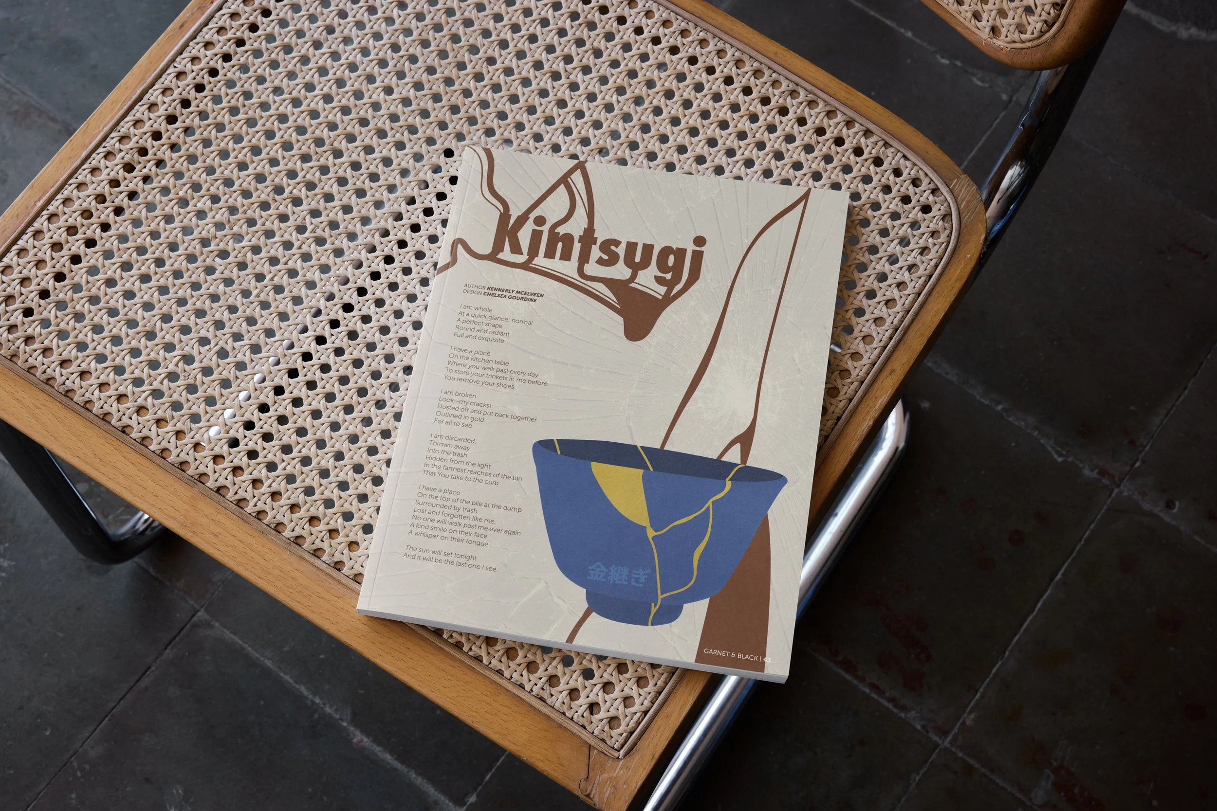 Single-page editorial layout design interpreting a poem about kintsugi through visual metaphor. A broken glass texture, crack inspired composition lines, illustrated bowl, and fractured title treatment reinforce themes of breakage and repair while ma