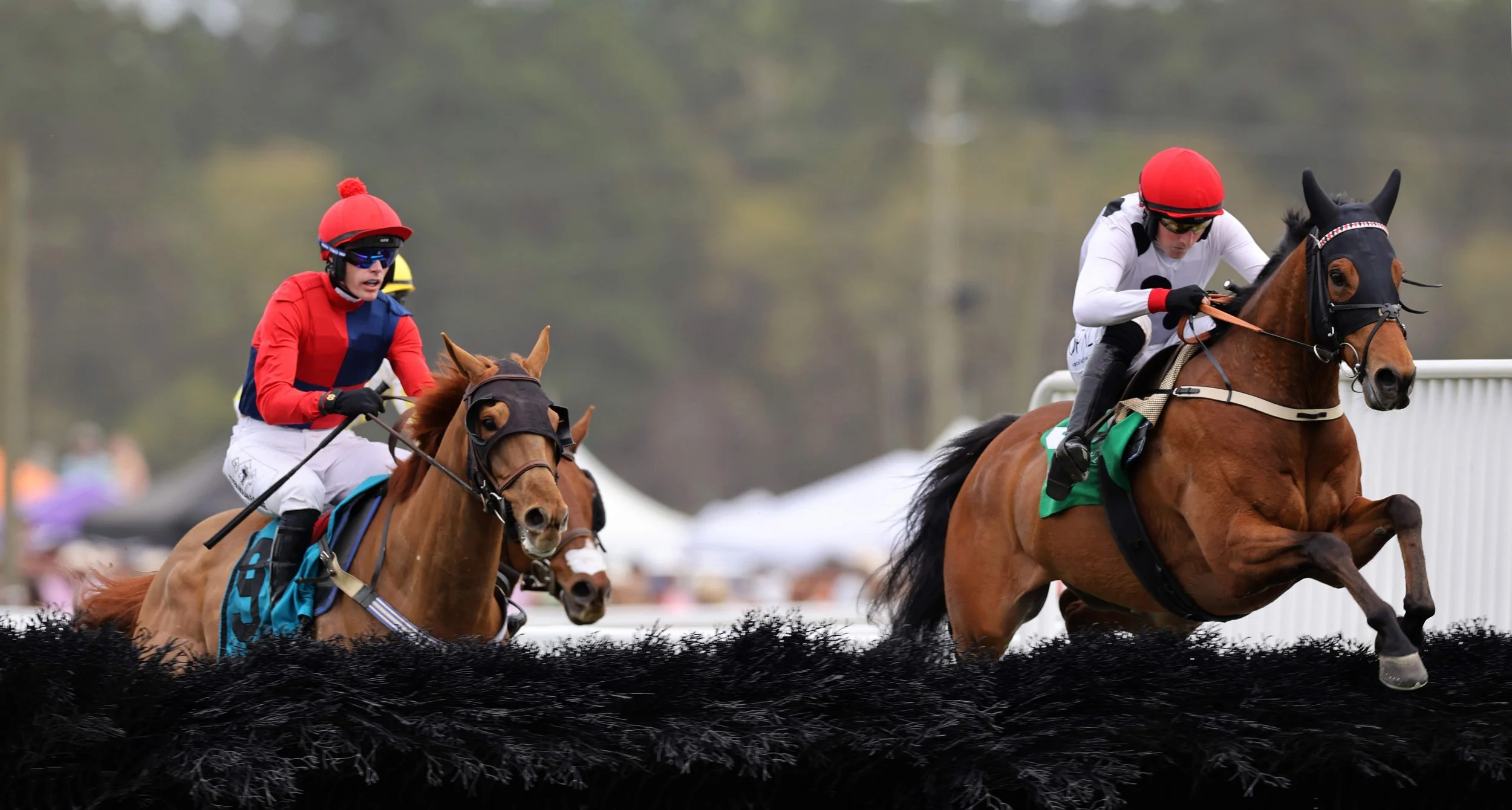 Jockey Dan Nevin, left, prepares to jump riding Little G T, while Stephen Mulqueen riding The Insider, jumps during the fourth race, The Kirkover-Woodward Cup Ratings Handicap Hurdle.