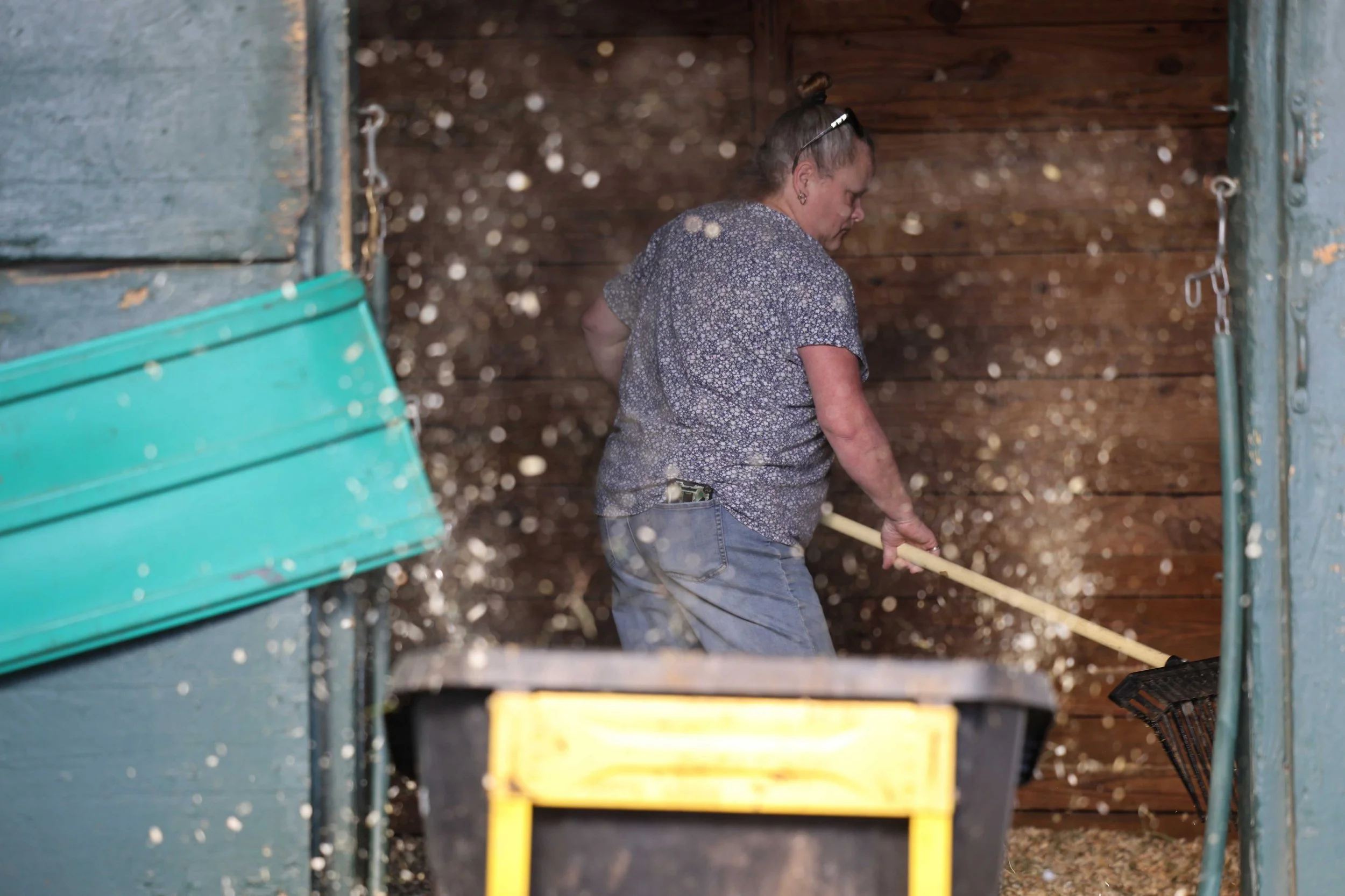 Susan Randall, from Maryland, rakes and scoops bedding inside a stall ahead of the Cup. For the fourth year, Randall joined her daughter Ashley, Assistant Trainer to Hall of Fame Trainer, Jack Fisher.