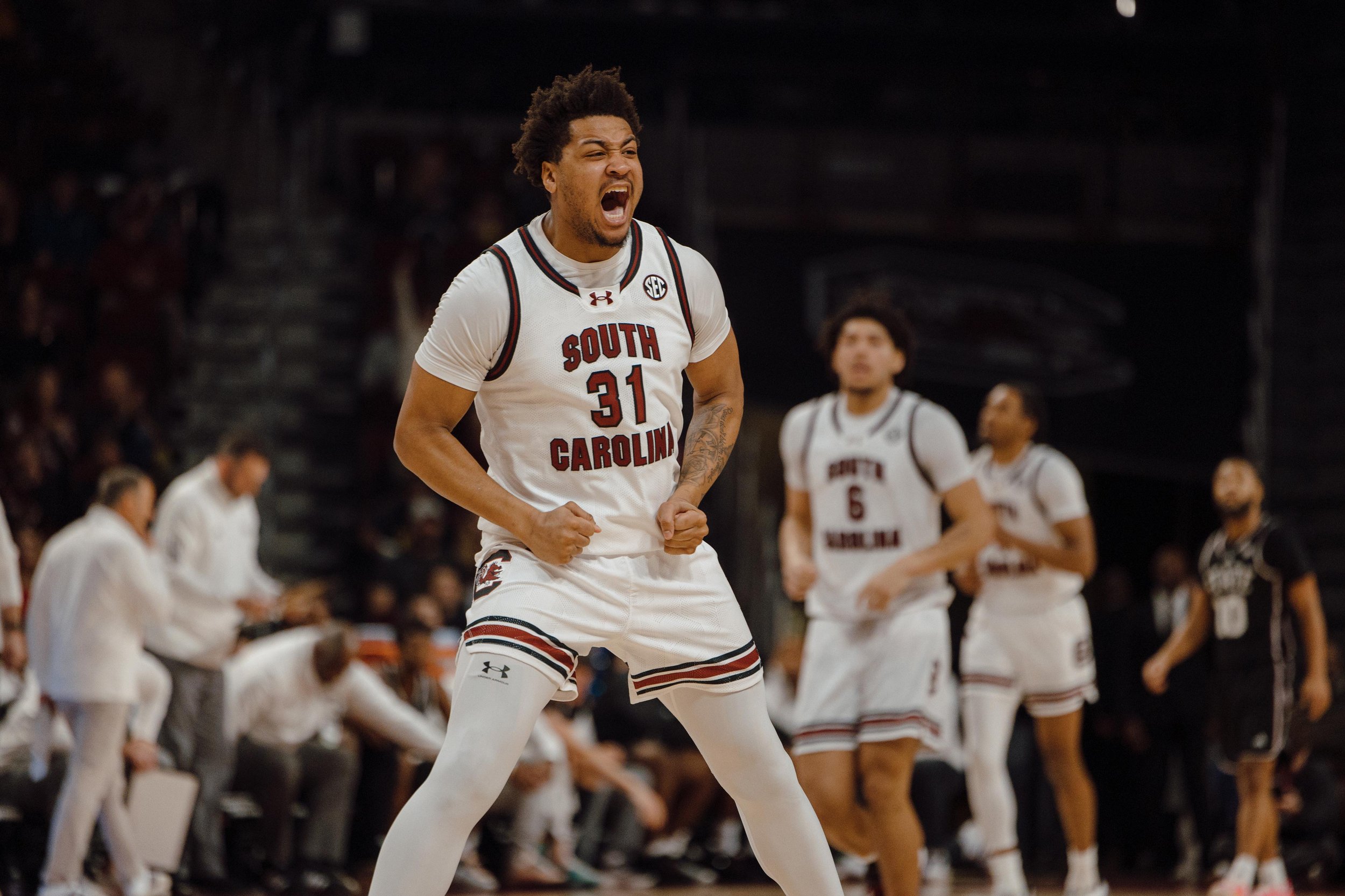 South Carolina’s Junior Elijah Strong (#31), celebrates during a game against the Mississippi State Bulldogs at Colonial Life Arena in Columbia, S.C. on Feb. 21, 2026. The Gamecocks defeated the Bulldogs 97–89.