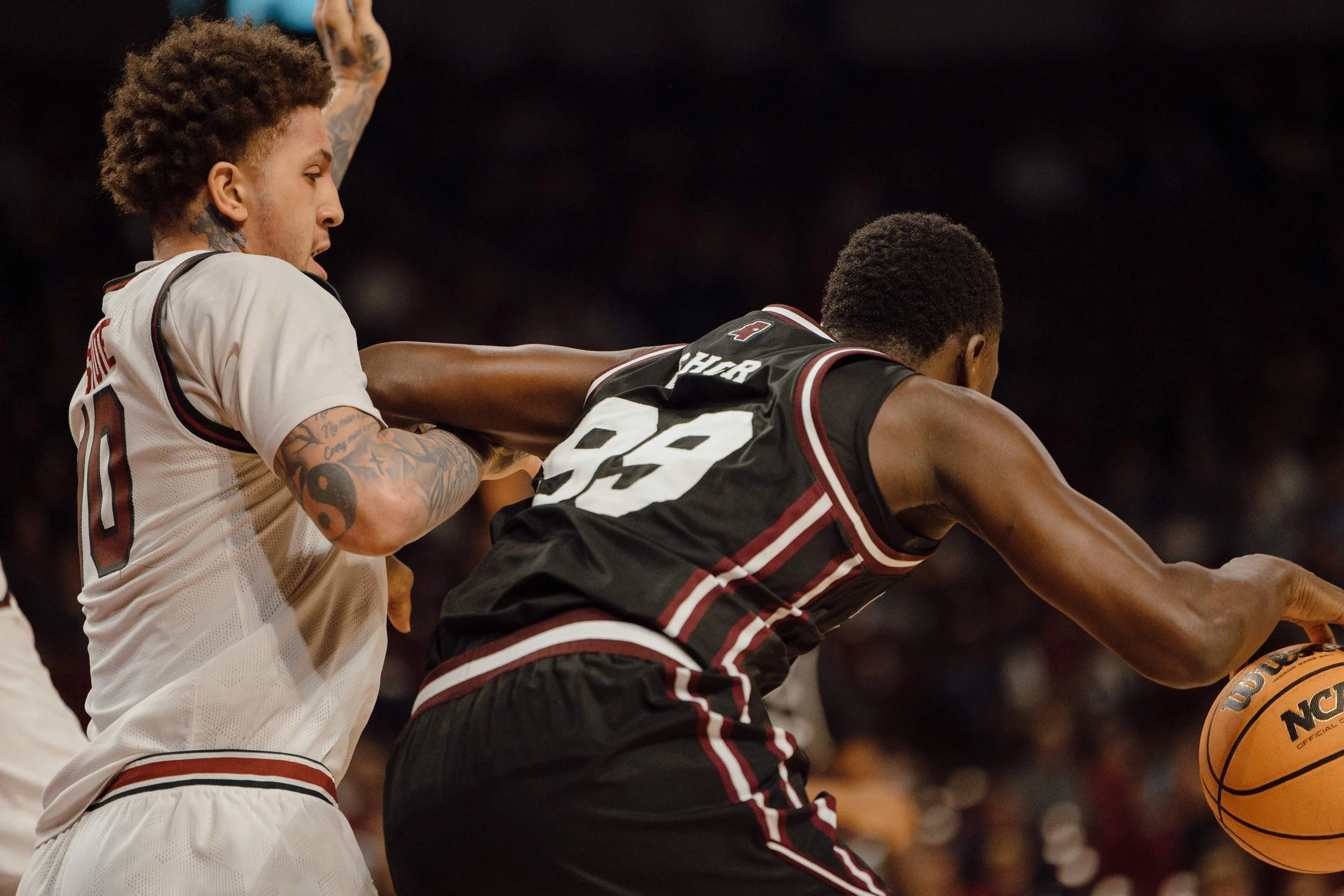 South Carolina’s Myles Stute (#10), defends Mississippi State’s Achor Achor (#99) during a game at Colonial Life Arena in Columbia, S.C. on Feb. 21, 2026. The Gamecocks defeated the Bulldogs 97–89. 
