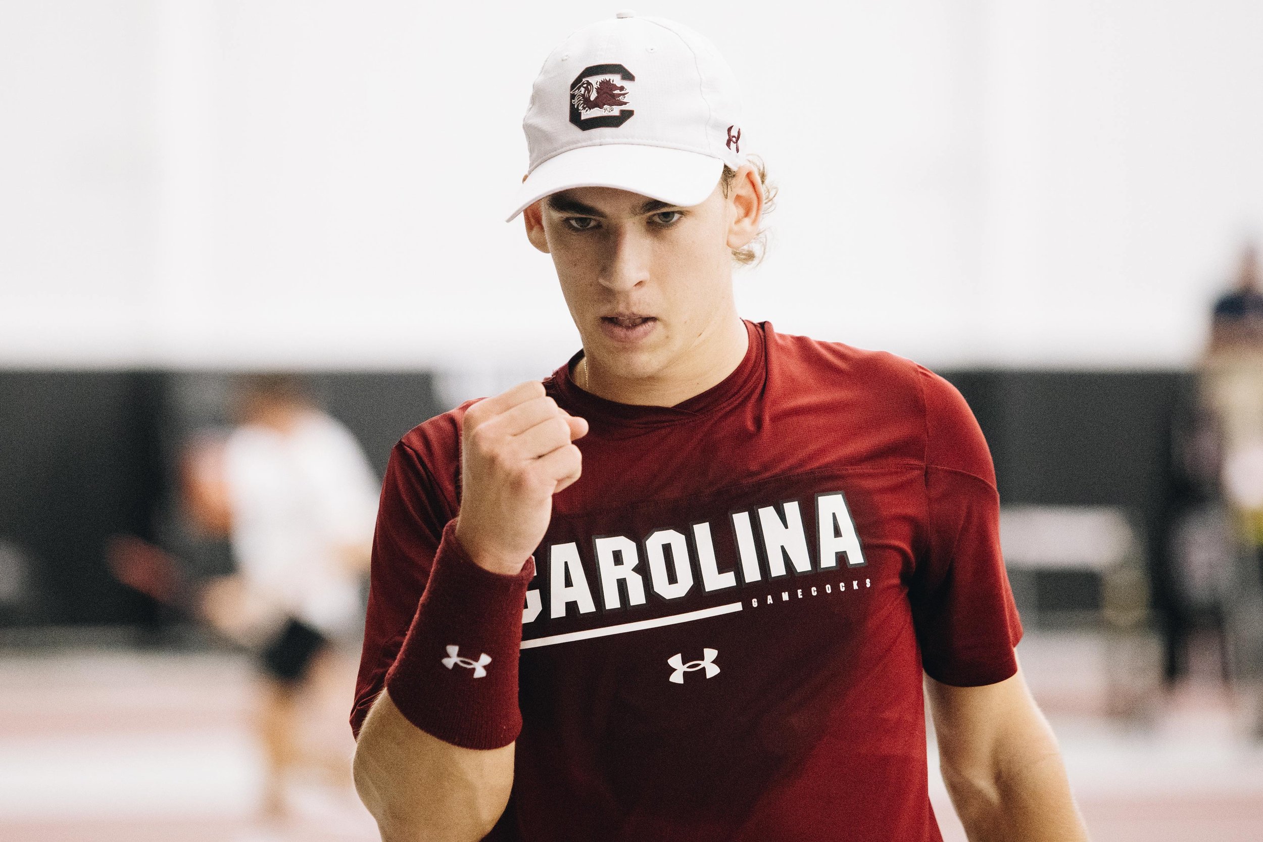 Junior Casey Hoole celebrates getting a point during South Carolina’s match against North Carolina State at the Carolina Indoor Tennis Center on Feb. 2, 2024. The Gamecocks lost the match 4-3.