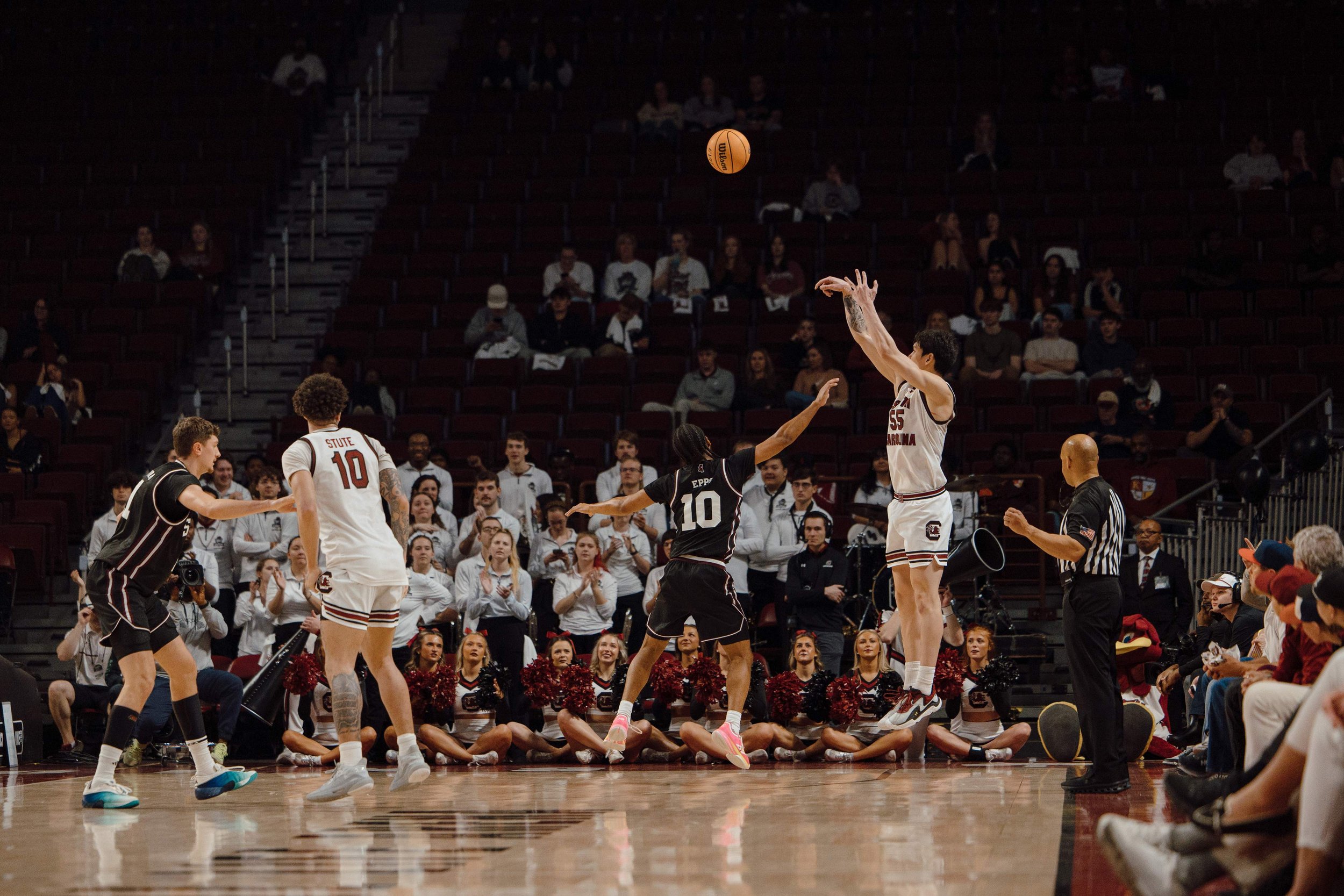 South Carolina’s Mike Sharavjamts (#55), shoots over Mississippi State defender Jayden Epps (#10) during a game at Colonial Life Arena in Columbia, S.C. on Feb. 21, 2026. The Gamecocks defeated the Bulldogs 97–89.