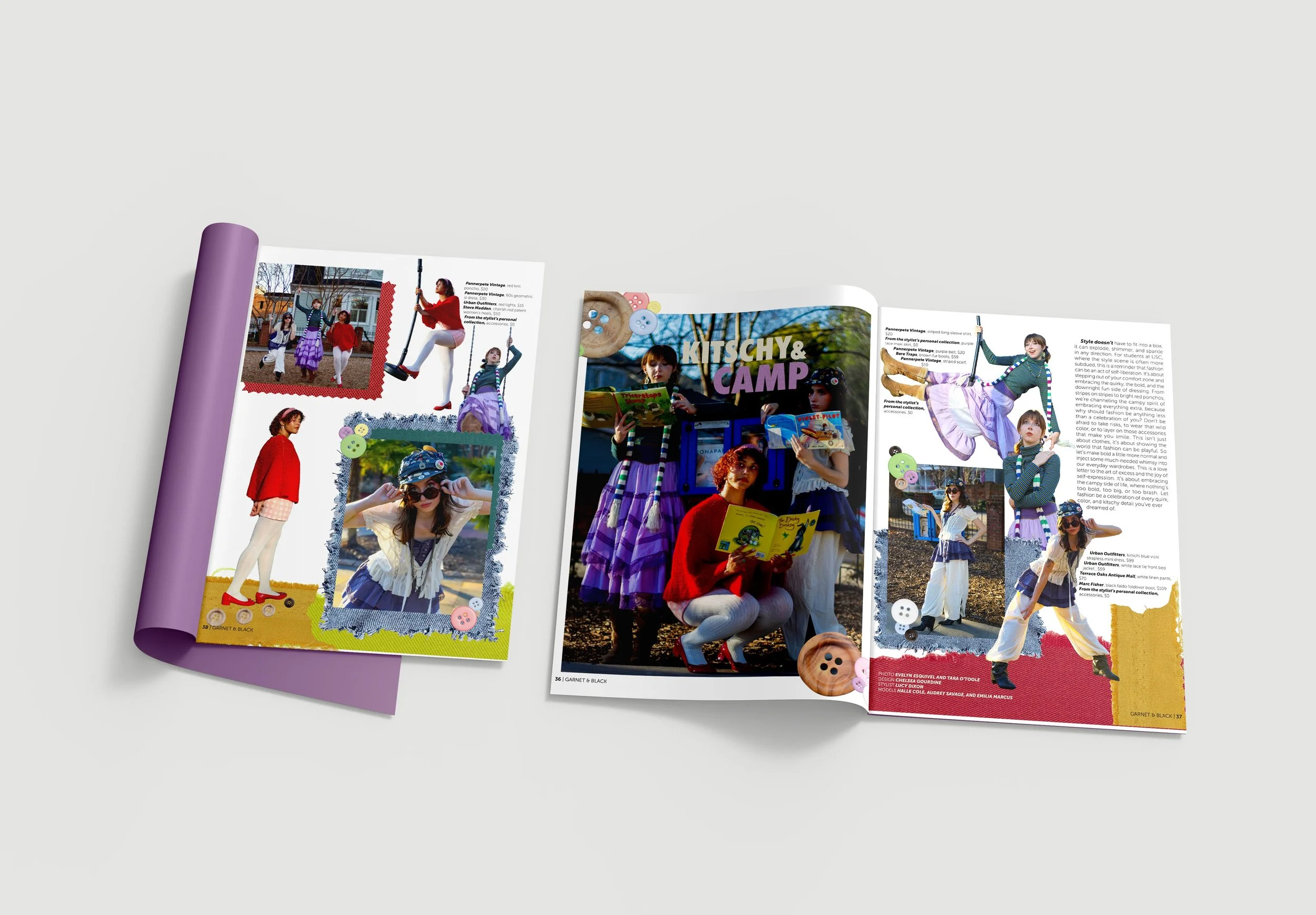 Editorial layout design created for a multi-page style feature inspired by a designer’s sketchbook. The scrapbook-inspired concept incorporates fabric strips, layered photo cutouts, and button elements to create a crafted, DIY aesthetic while maintai