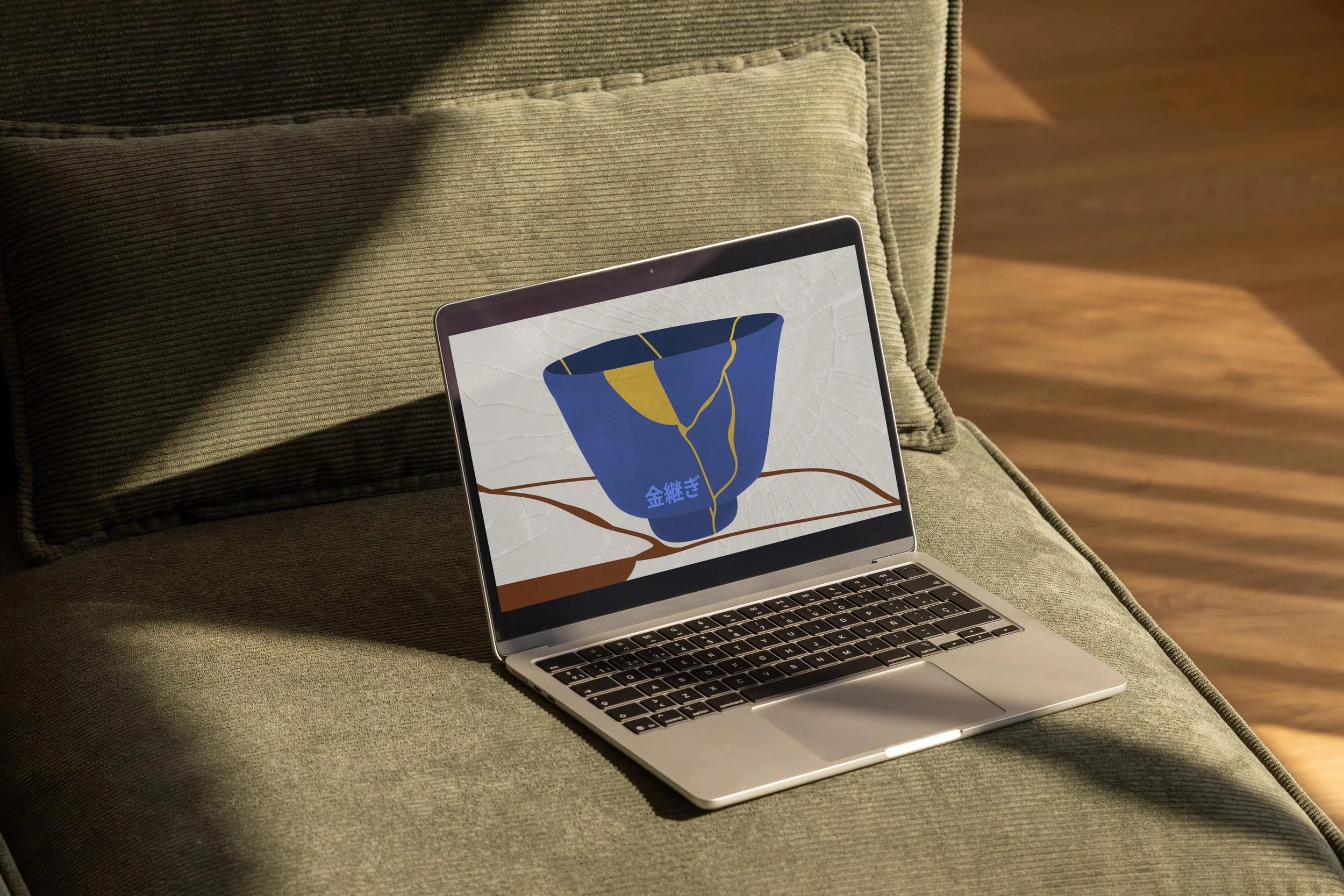 Digital editorial layout designed for the online version of a Garnet & Black Magazine poem inspired by kintsugi. Broken glass textures, crack-inspired patterns, and a fractured title treatment were used to visually reflect themes of breakage and repa