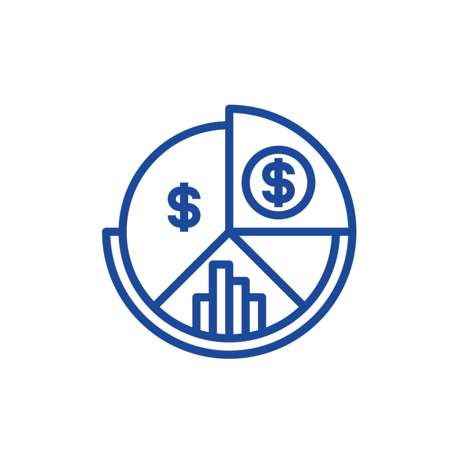 A pie chart divided into four sections, with dollar signs and a bar graph, representing financial or business data.