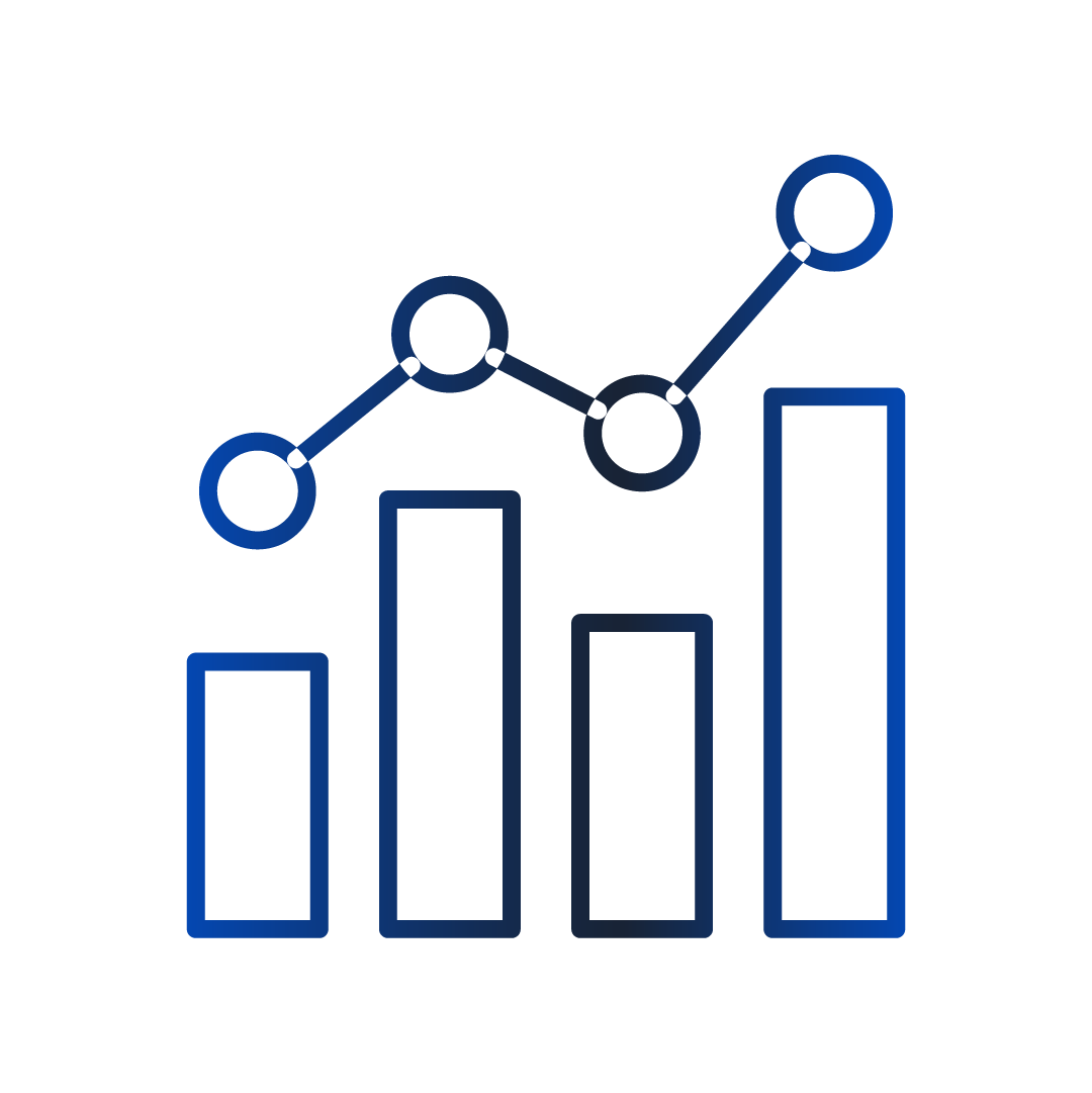 A stylized blue bar chart with five ascending bars and a dark background.