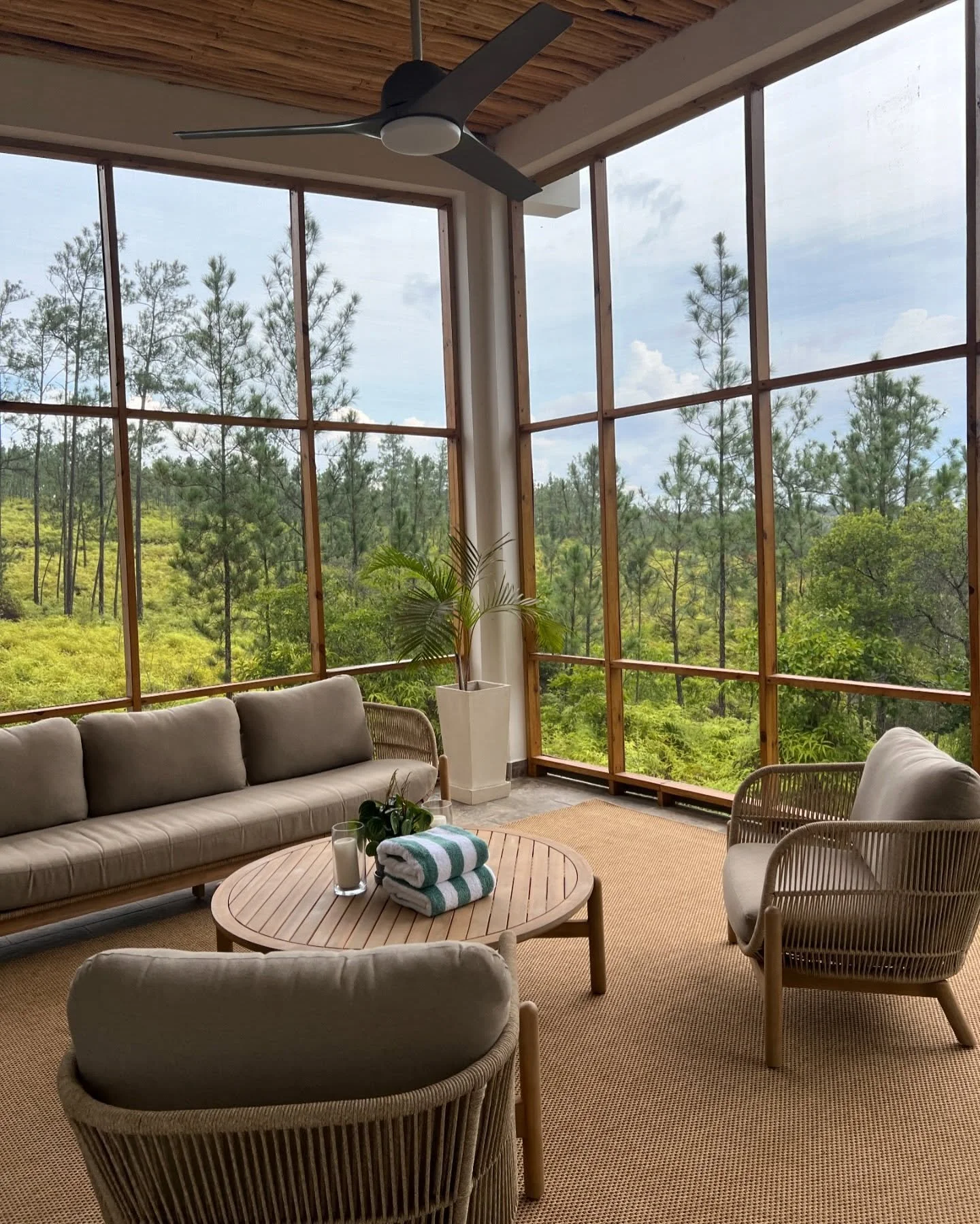 Living room with large glass windows overlooking a forest, featuring a ceiling fan, a beige sofa, rattan chairs, a round coffee table with towels and candles, and a potted plant.