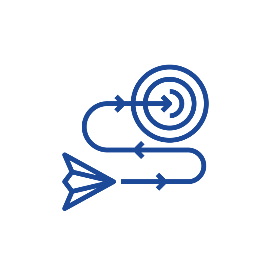 Icon of a paper airplane with lines representing movement towards a target or goal, with concentric circles around the target.