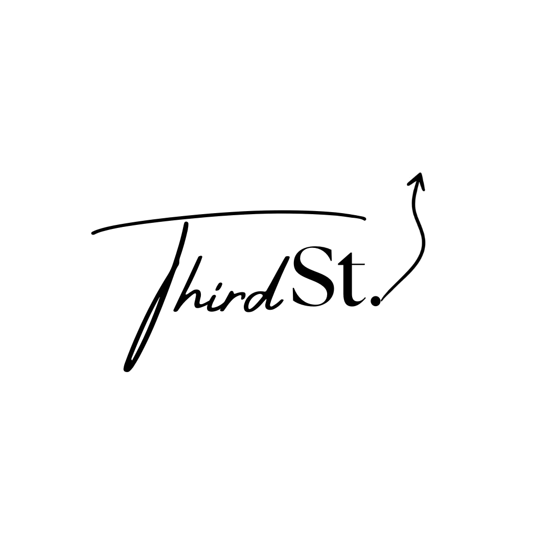 Stylized text that says 'Third St.' with a line above the text and an arrow curving upwards from the end.