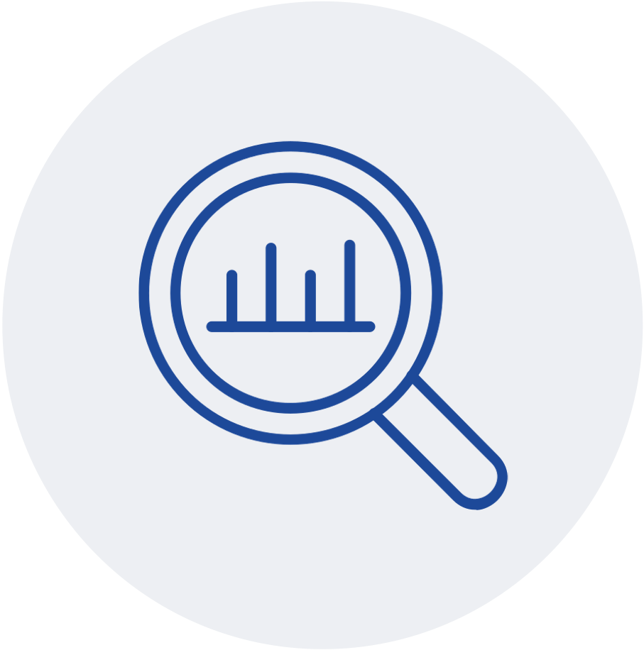 Blue icon of a magnifying glass with a bar graph inside.