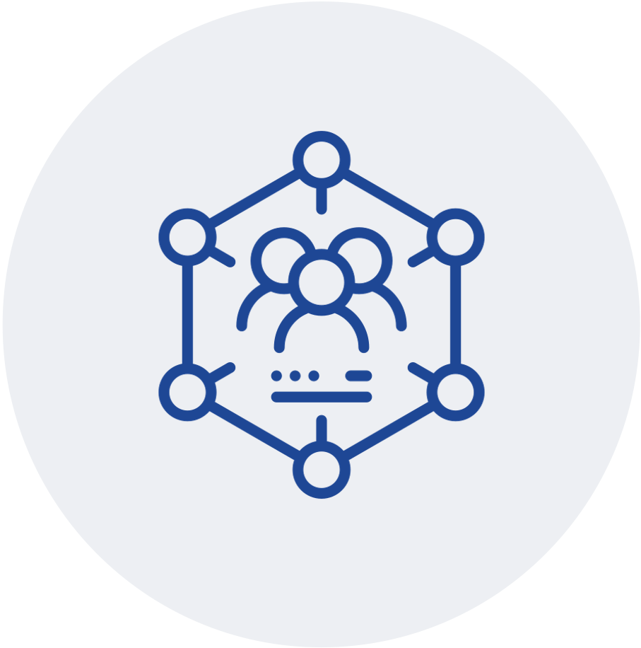 Icon of a group of people connected within a hexagon-shaped network, representing teamwork or community.