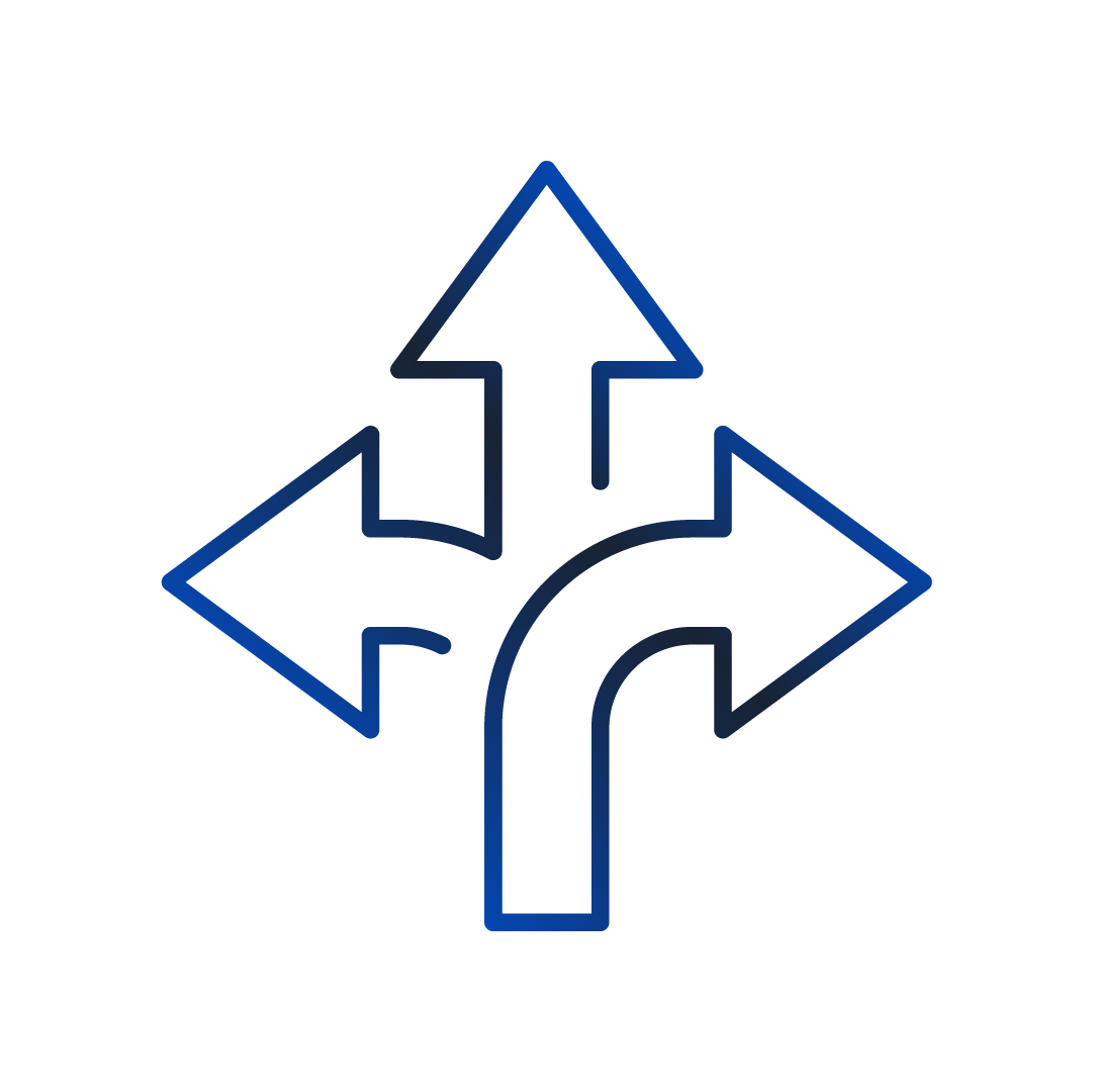 Blue 3D directional arrow pointing left with a curved tail