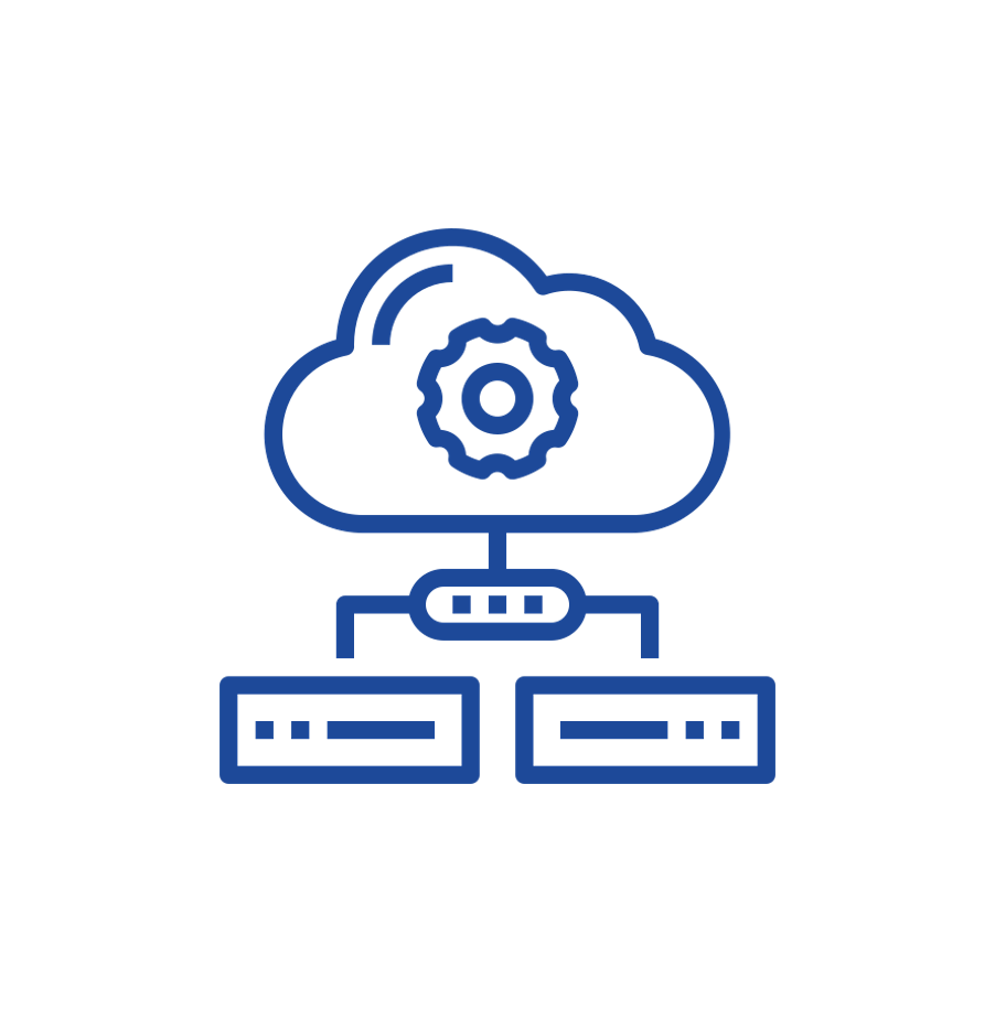 Icon of a cloud connected to two servers with a gear inside the cloud, representing cloud computing or cloud services.