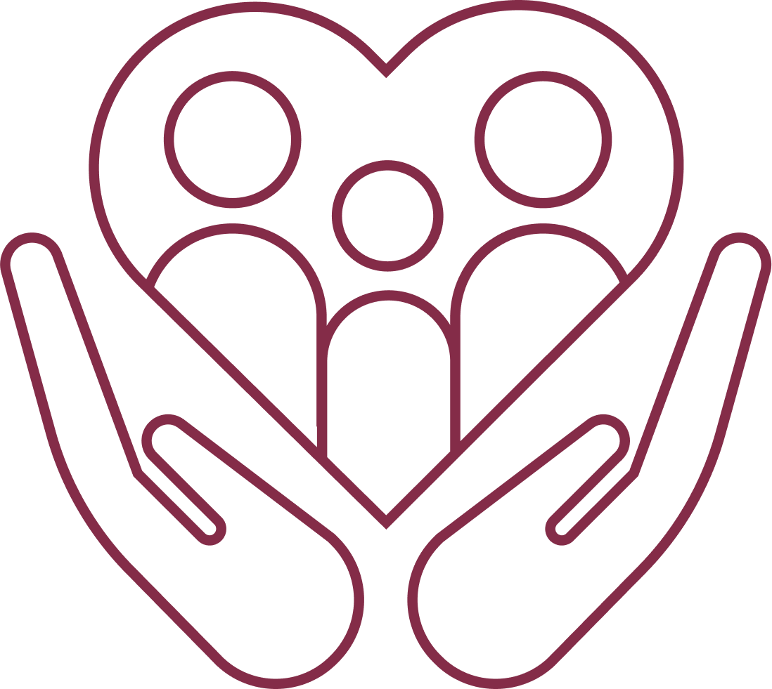 Outline of two hands holding a heart with three people inside it.