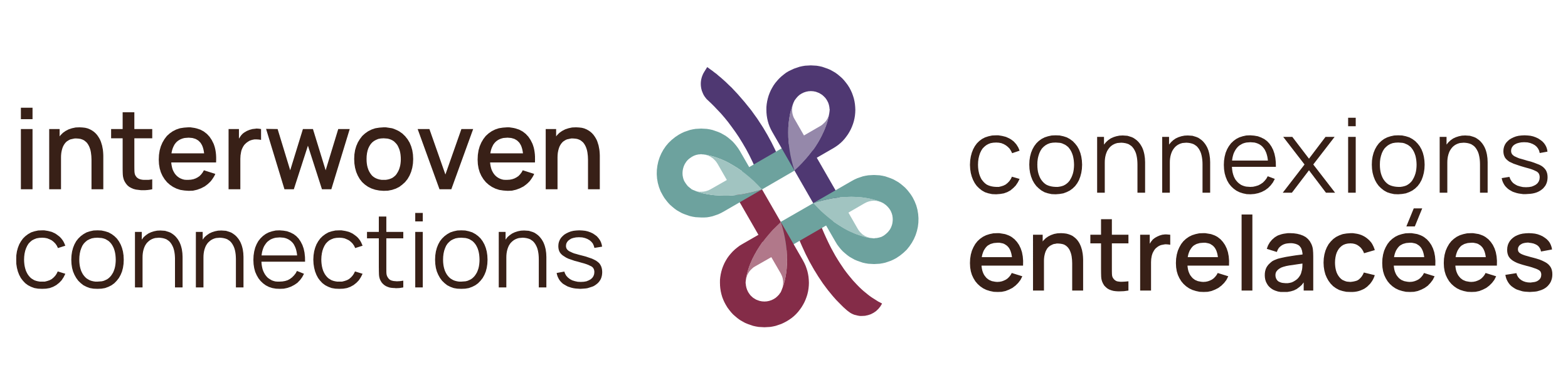 Colorful intertwined knot with the words "interwoven connections" in English and French.