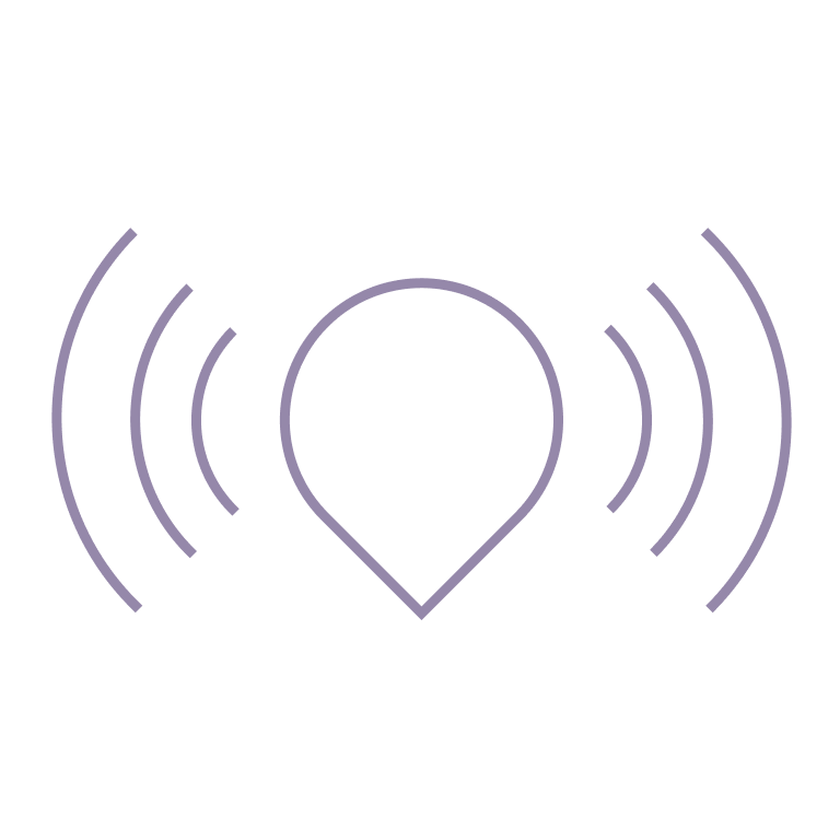 A GPS location pin icon with Wi-Fi signal lines radiating outward in a minimalist design.