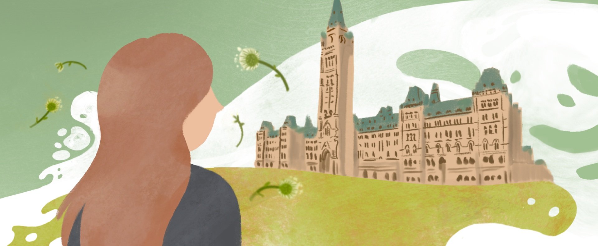 An animated illustration of a person with long brown hair standing outdoors, facing a large historic castle, with green and white abstract elements and flowers in the background.