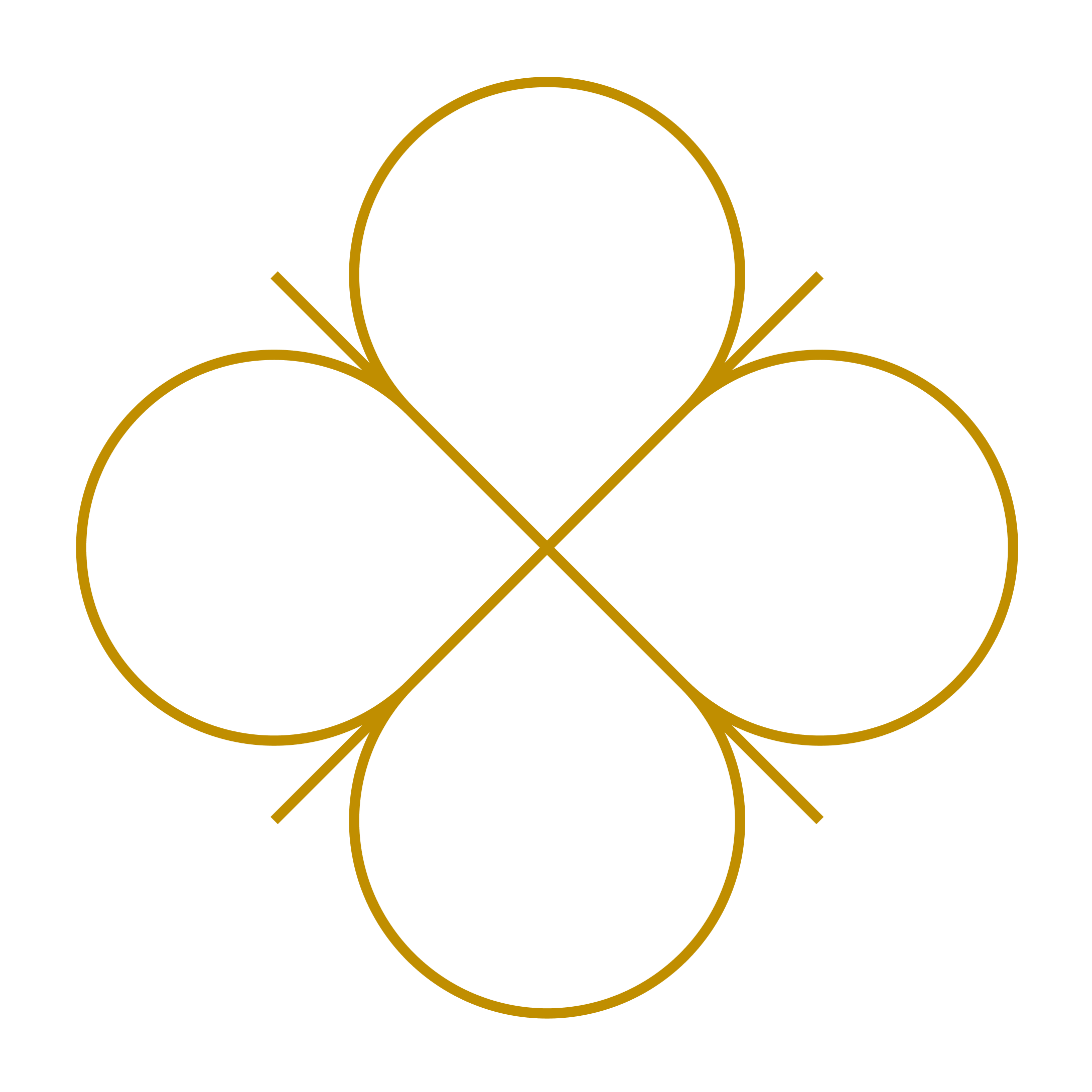 Gold four-leaf clover outline with four circles connected by lines on a black background.