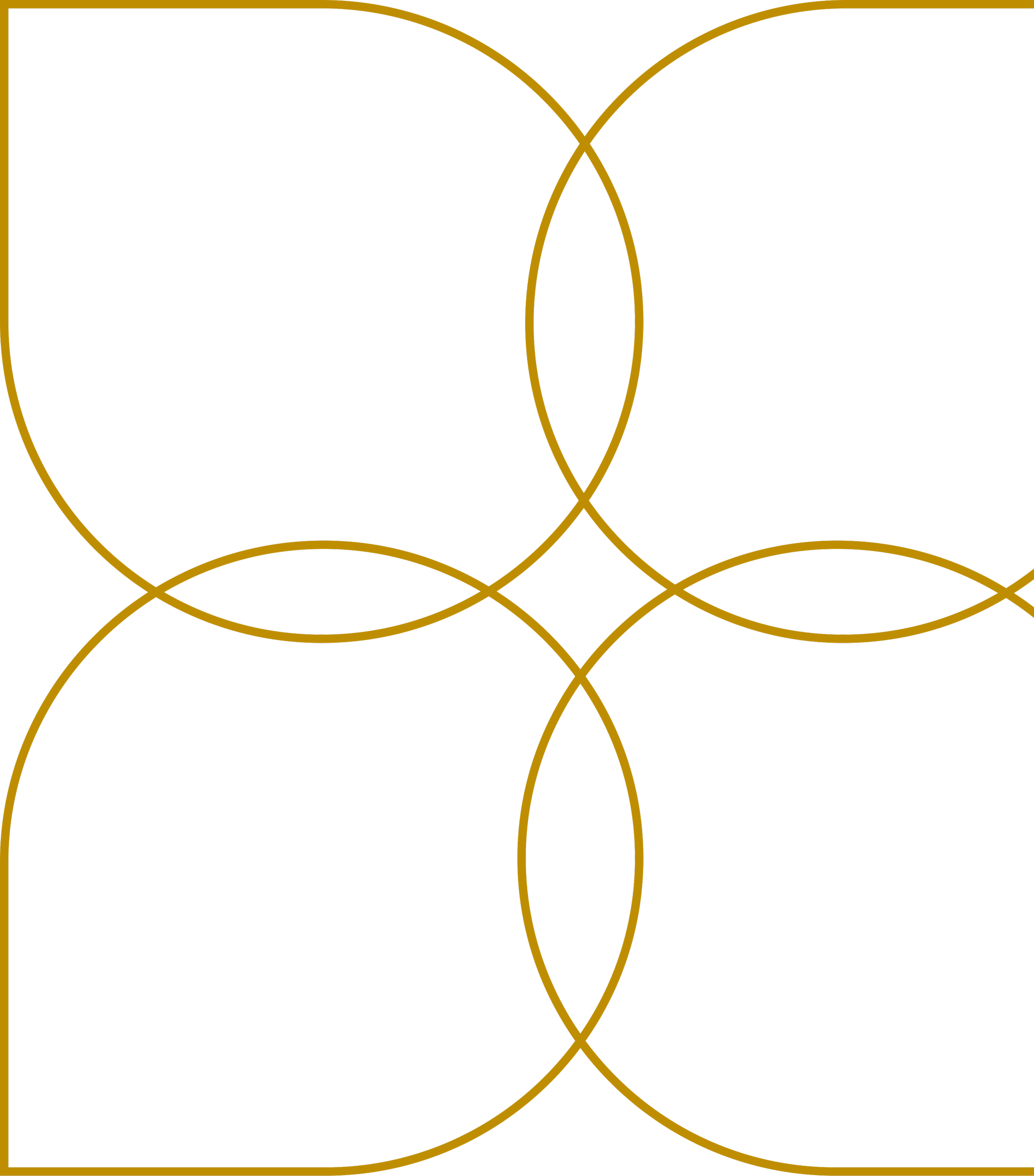 An abstract geometric design with overlapping gold oval shapes on a black background.