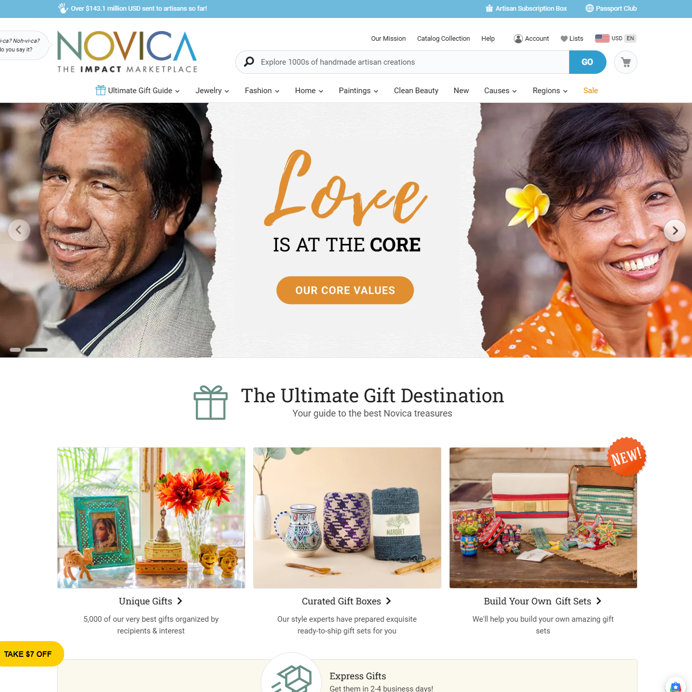Homepage of Novica website featuring a banner with smiling man and woman, text about love being at the core, and sections for unique gifts, curated gift boxes, and build your own gift sets.
