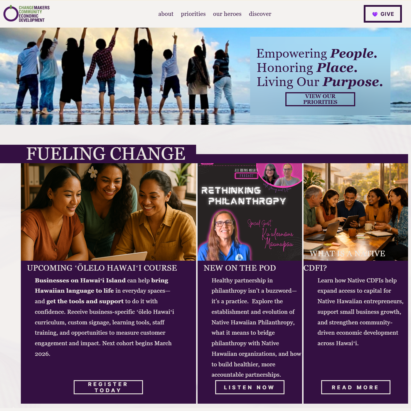 Screenshot of a website homepage featuring a group of diverse people in leadership roles, with the text 'Empowering People. Honoring Place. Living Our Purpose.' and sections about Hawaiian language courses, philanthropy, and Native Hawaiian economic development.