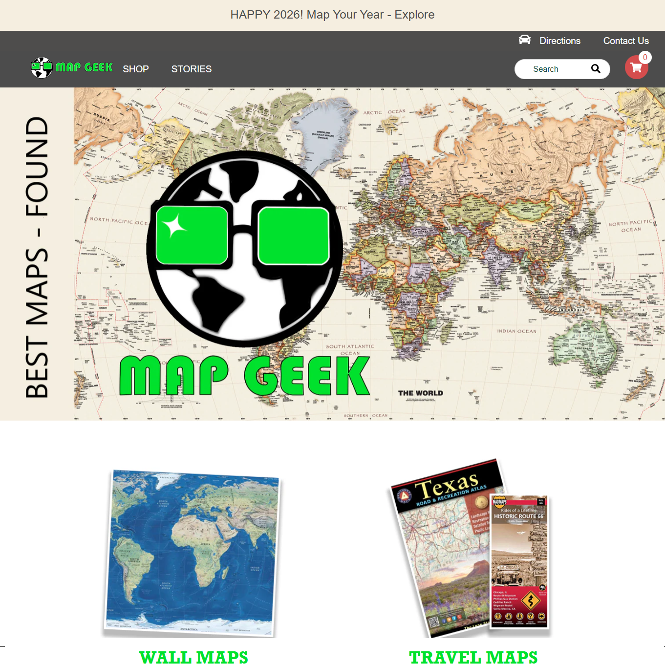 Screenshot of a website called Map Geek showcasing different types of maps. The main section features a large world map with the Map Geek logo, which is a globe with glasses, in front of the map. The website offers wall maps and travel maps, with images of a detailed world map and travel atlases for Texas and Route 66. The header includes navigation options for shop, stories, directions, contact us, and a search bar.