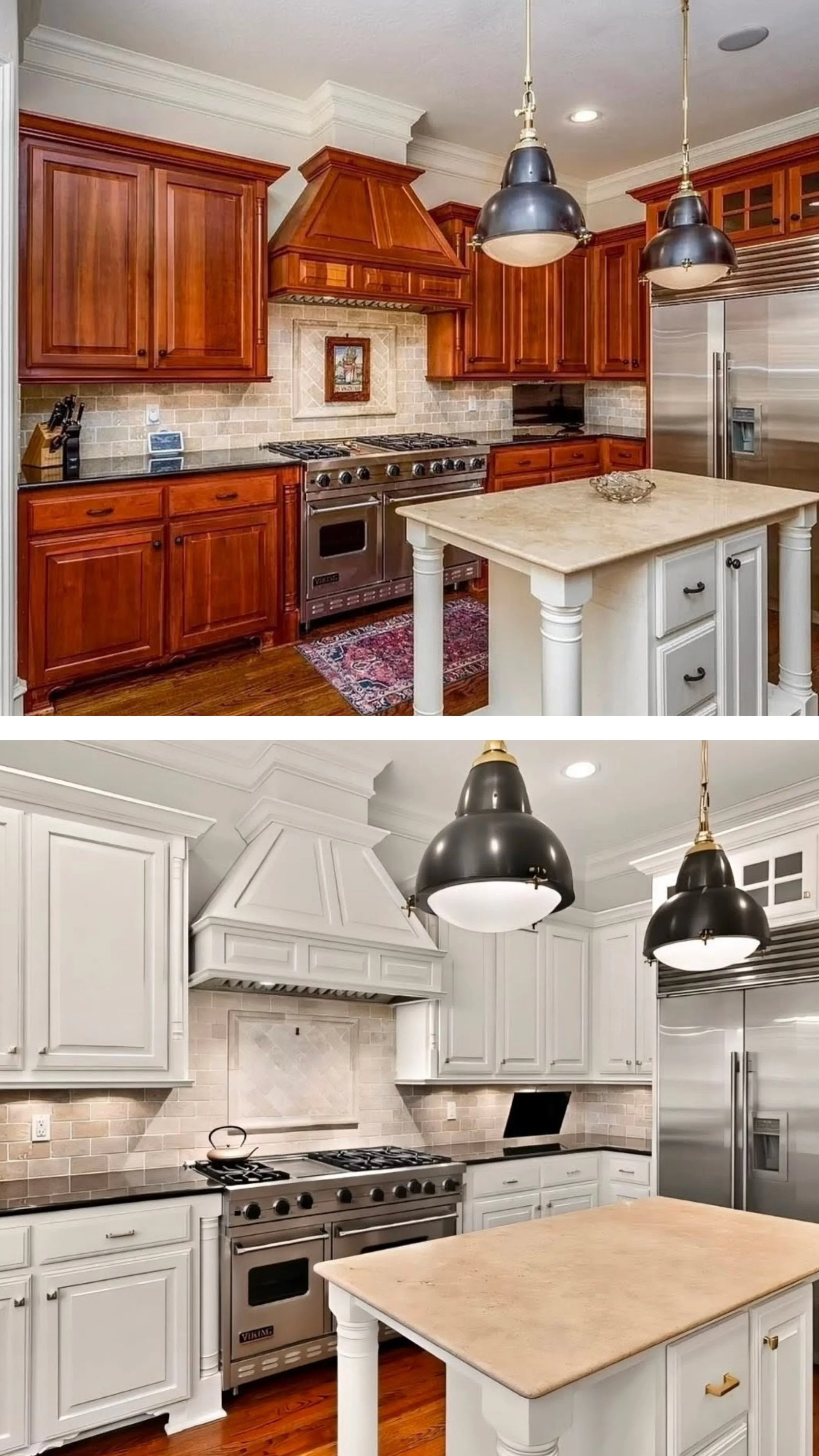 Comparison of two kitchen images, top with wooden cabinets and bottom with white cabinets, both featuring a large kitchen island, stainless steel appliances, black pendant lights, and a neutral tile backsplash.