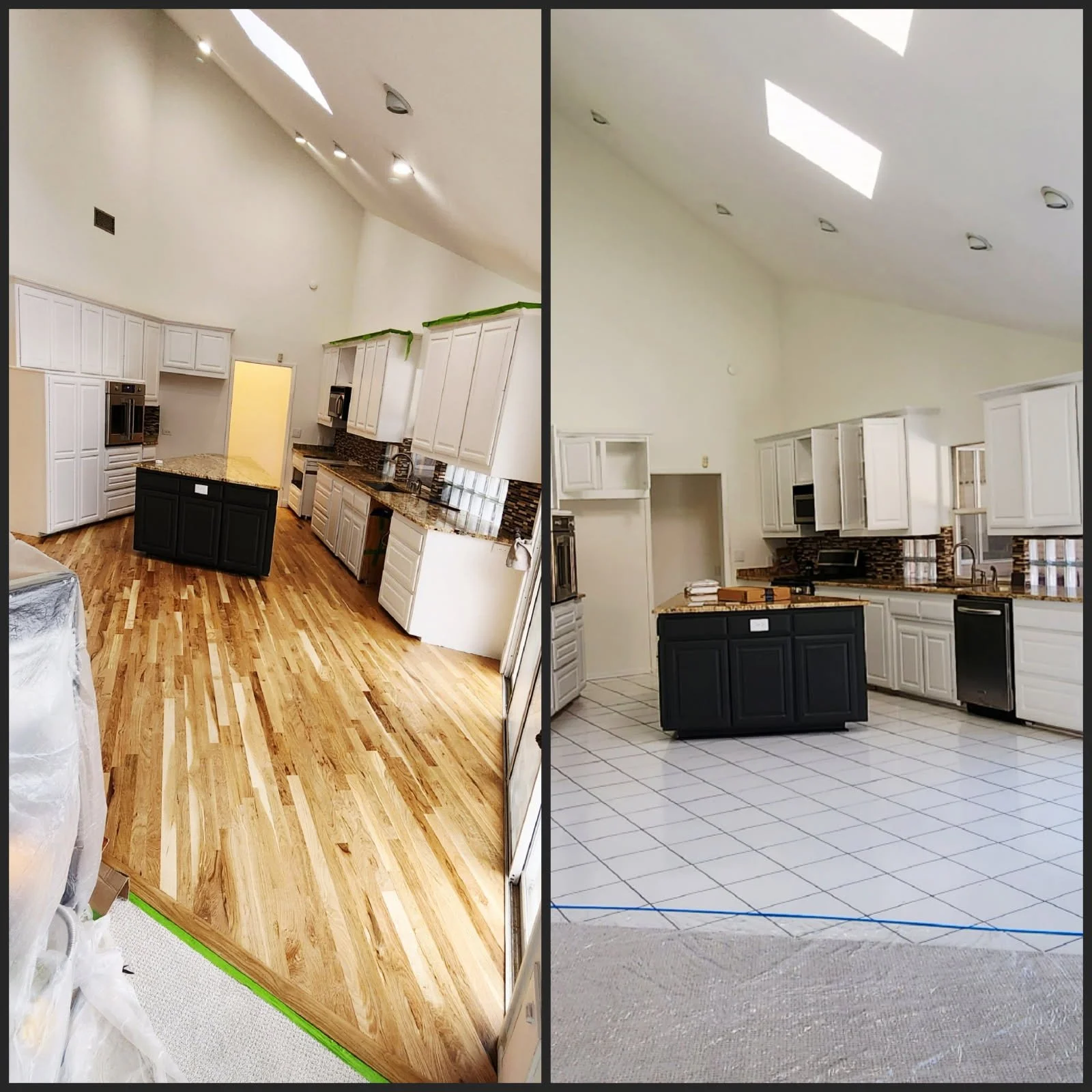 Side-by-side photos of a kitchen before and after renovation. The left shows a kitchen with new hardwood floors, white cabinets, and a black island. The right shows the same kitchen with white tiled floors, matching white cabinets, and a black island