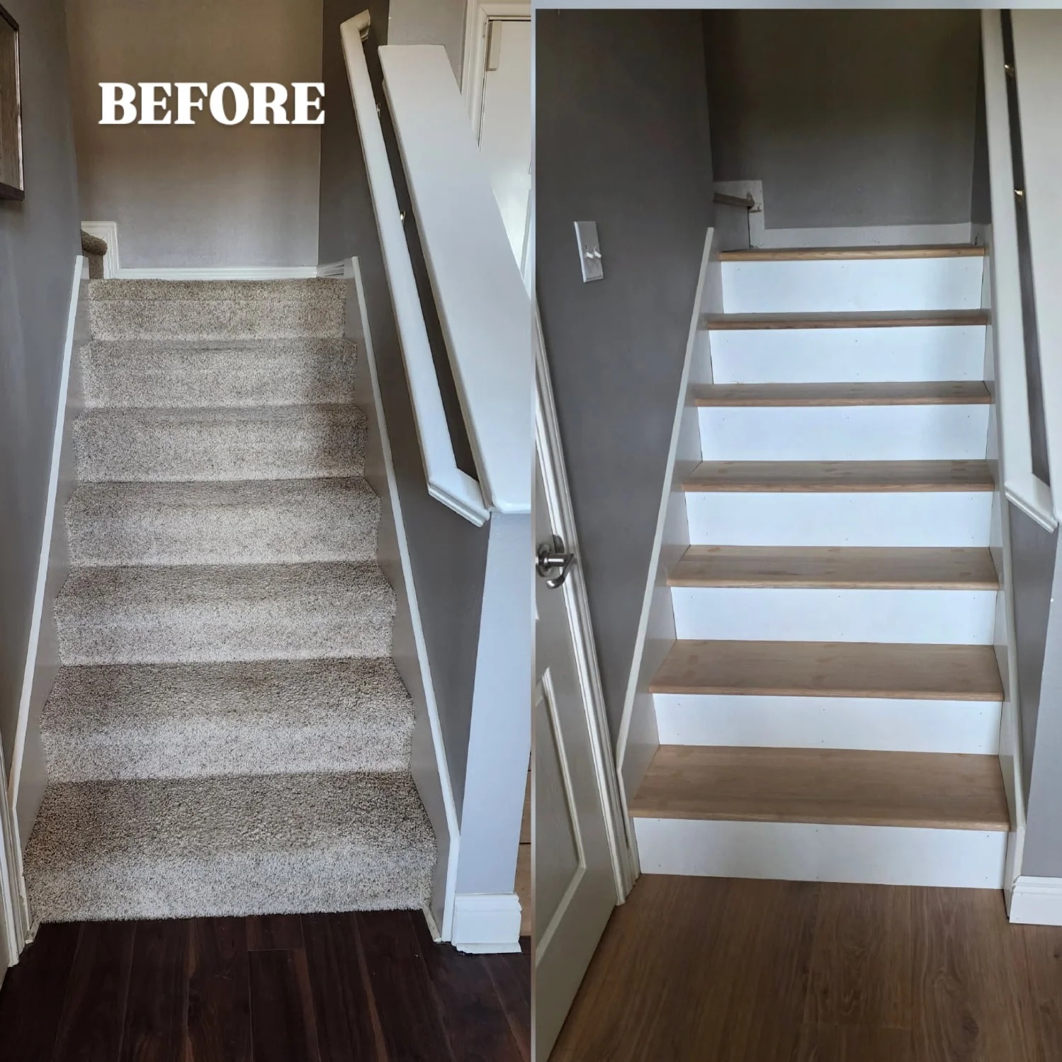 Side-by-side comparison of a staircase before and after renovation. The 'Before' image shows a carpeted staircase with beige textured carpet, gray walls, and dark wood flooring at the bottom. The 'After' image shows a renovated staircase with white r