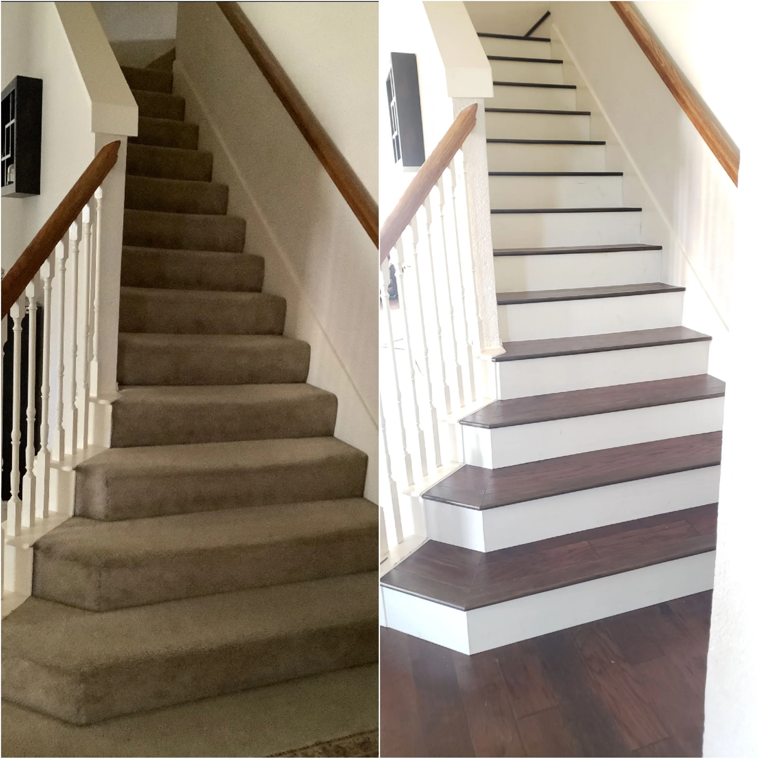 Comparison of a staircase before and after renovation, showing a change from carpeted stairs with wooden handrails to hardwood stairs with a white riser and dark wood treads.