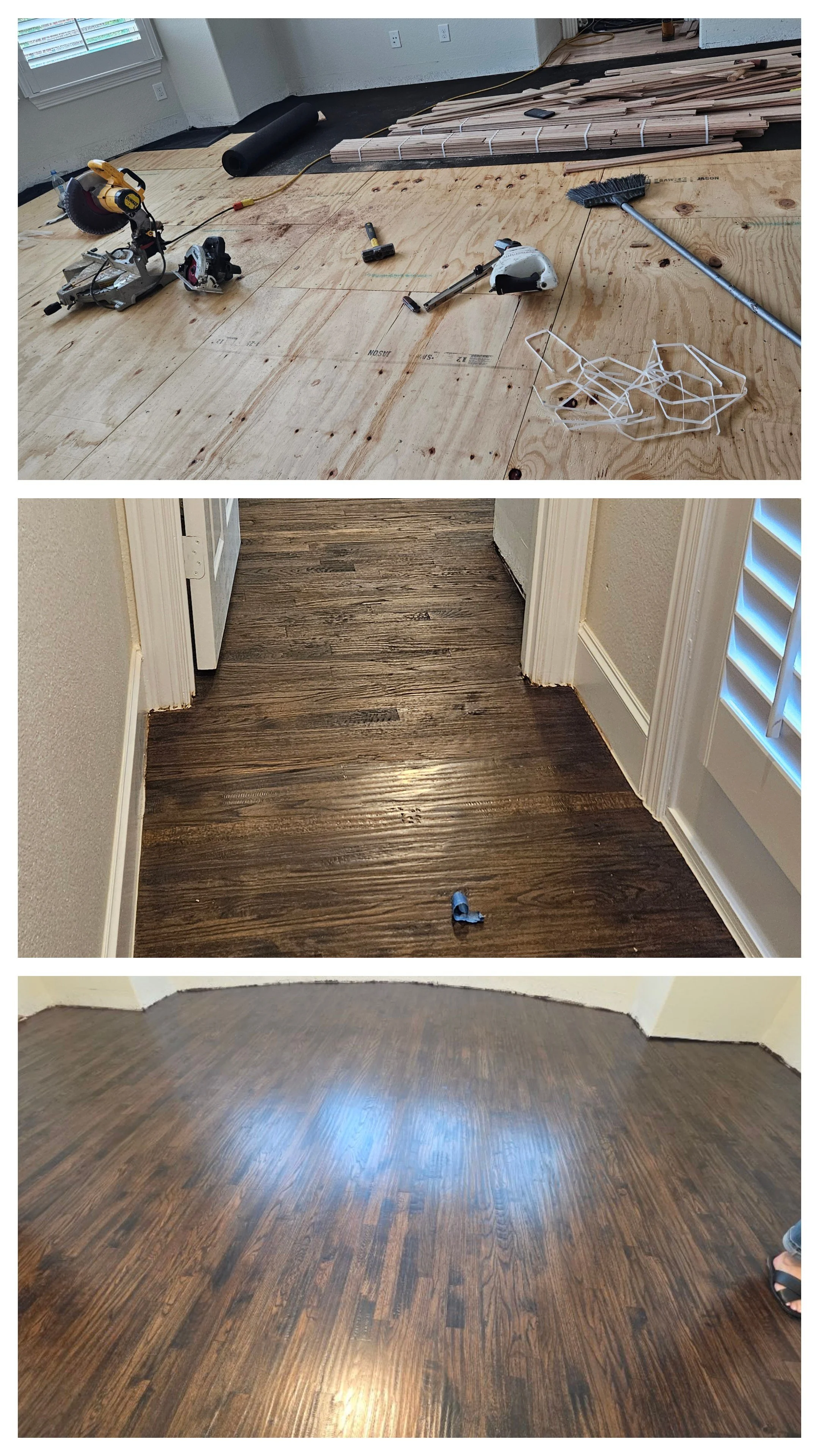The top image shows a room under renovation with tools, including a saw, a hammer, a drywall sander, and a broom, and stacks of wooden planks. The middle image displays recently installed dark wood flooring in a hallway with white walls and baseboard